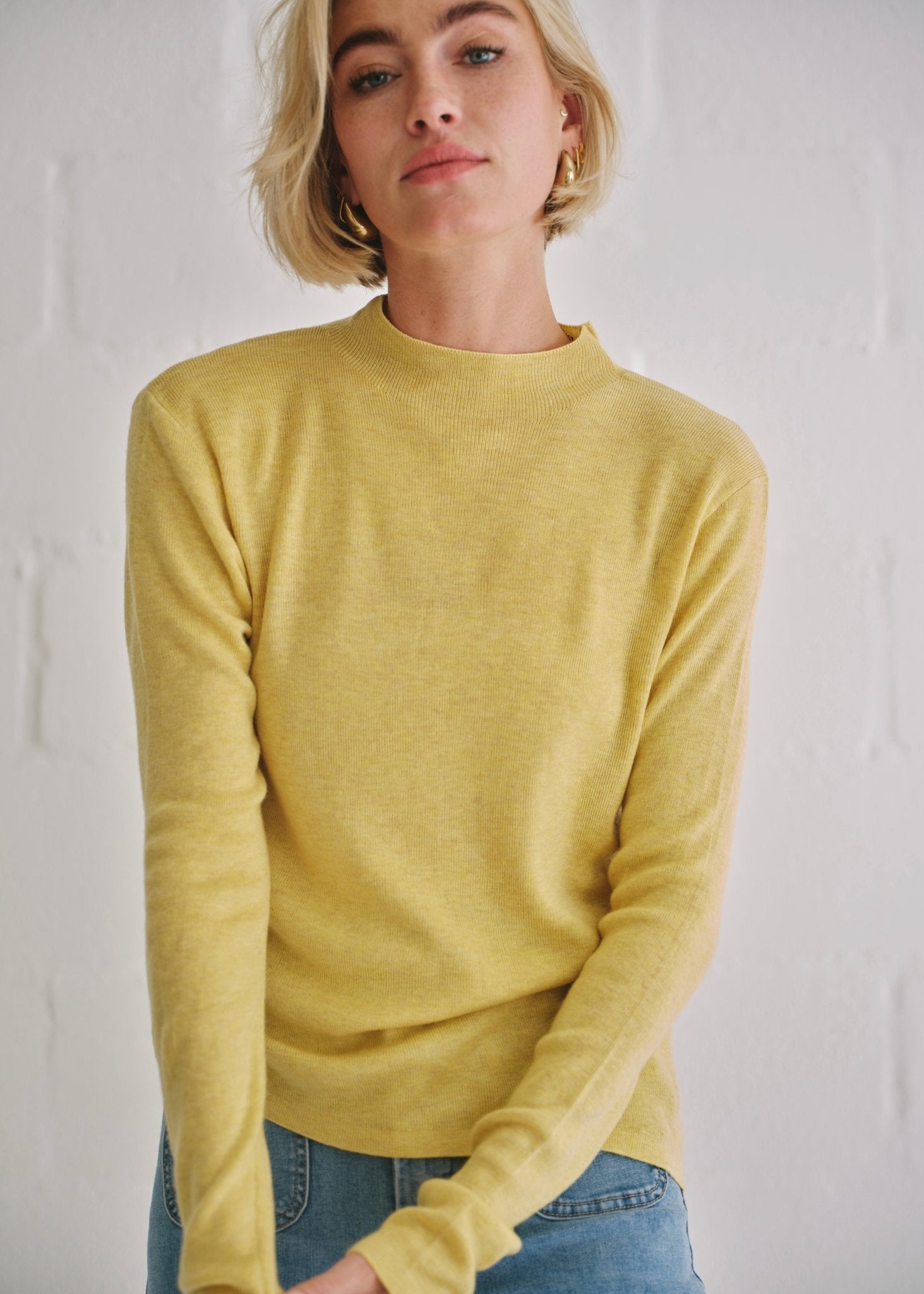 View our The Mock Neck Knit In Mustard - by Tribute Store
