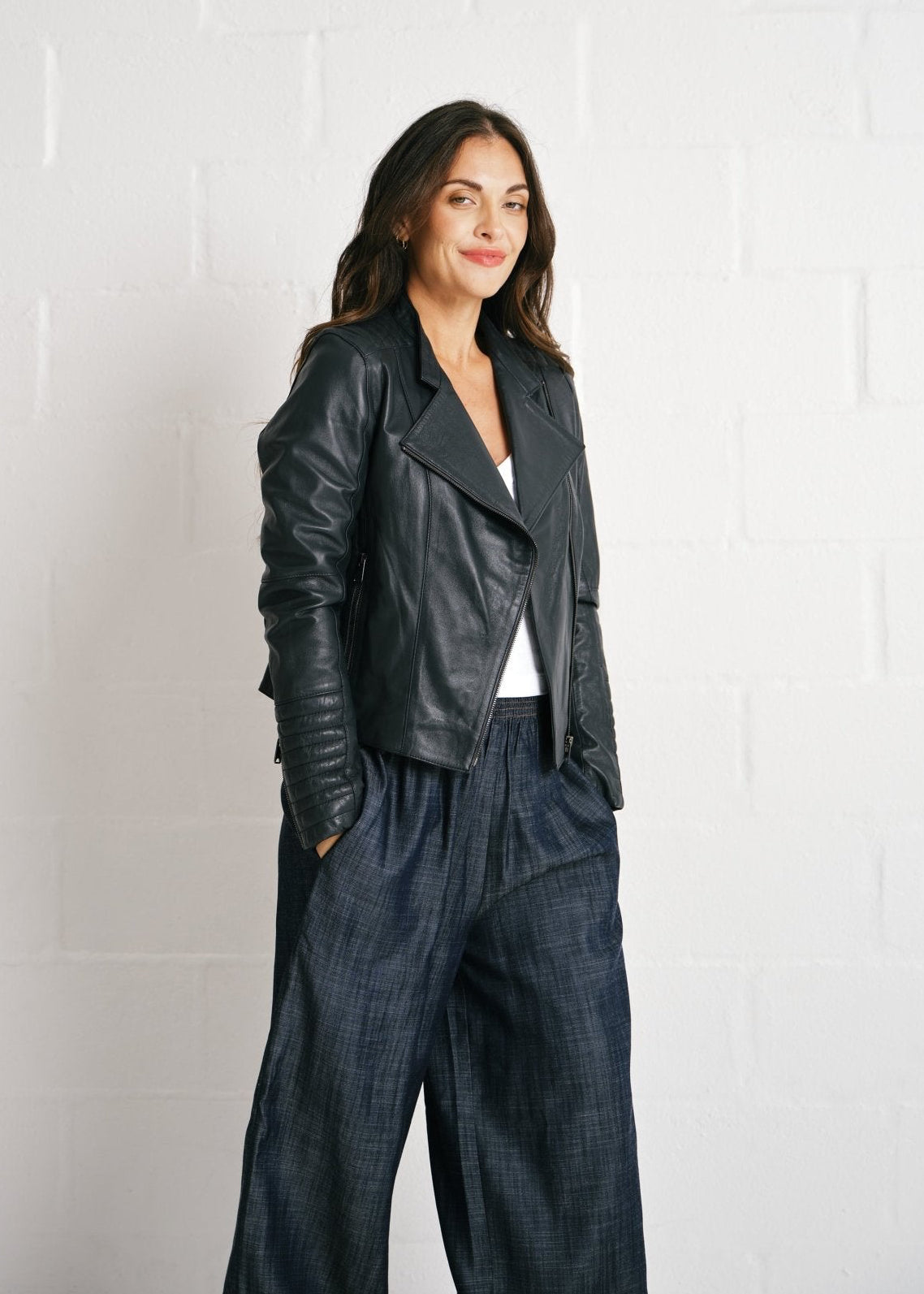 View our The Sidekick Genuine Lambskin Leather Biker Jacket in Deep Ink - by Tribute Store
