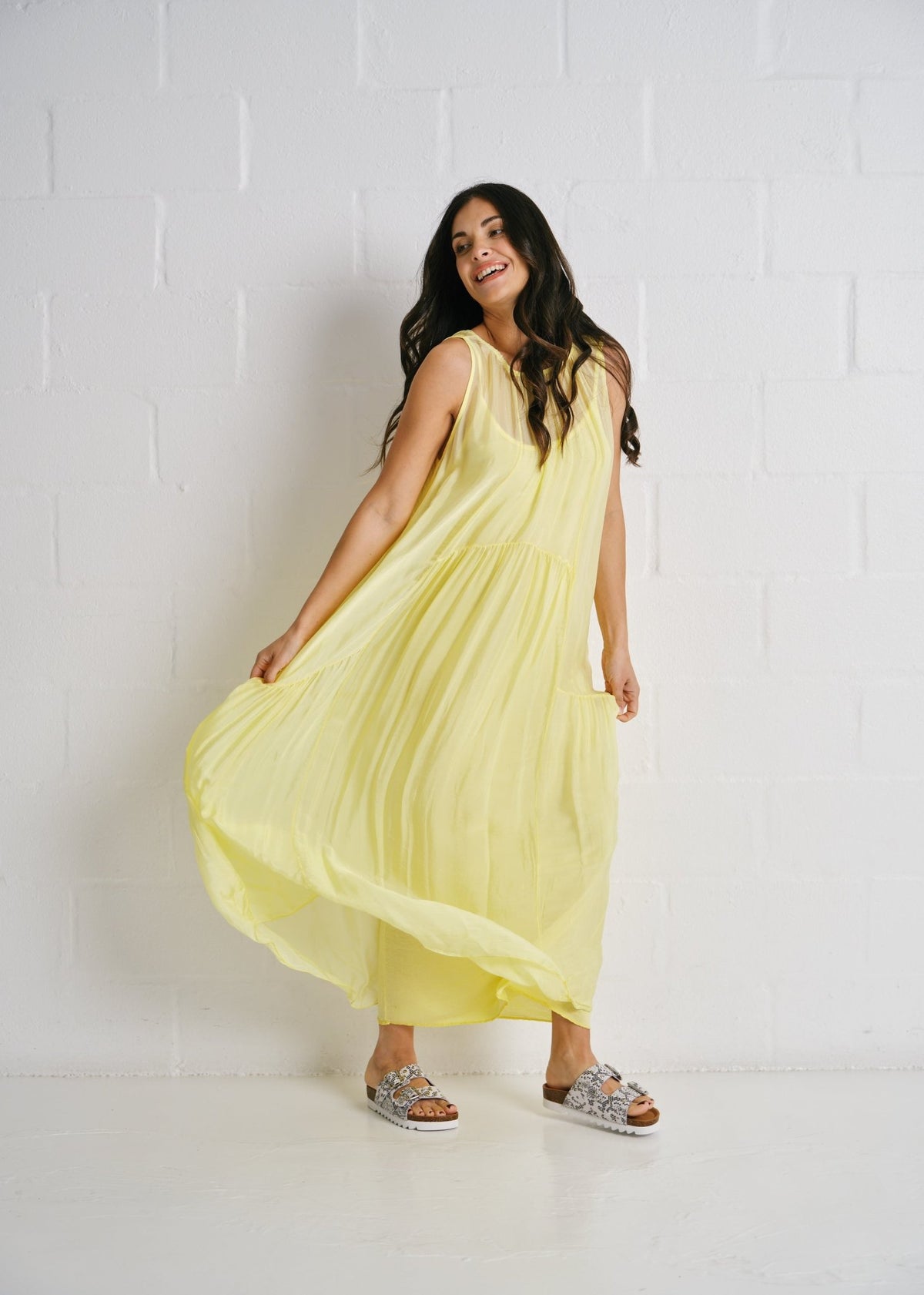 View our The Whisper Silk Tiered Maxi In Chartreuse - by Tribute Store
