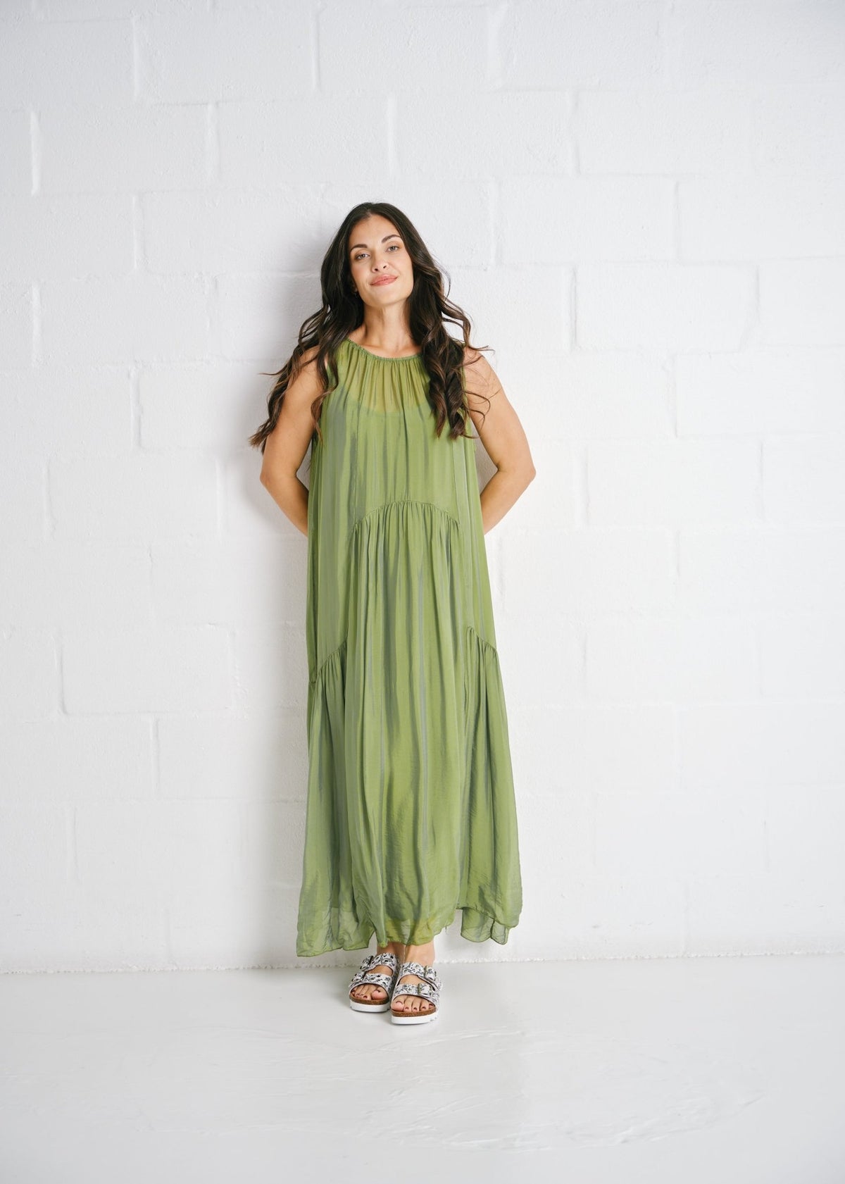 View our The Whisper Silk Tiered Maxi In Green - by Tribute Store