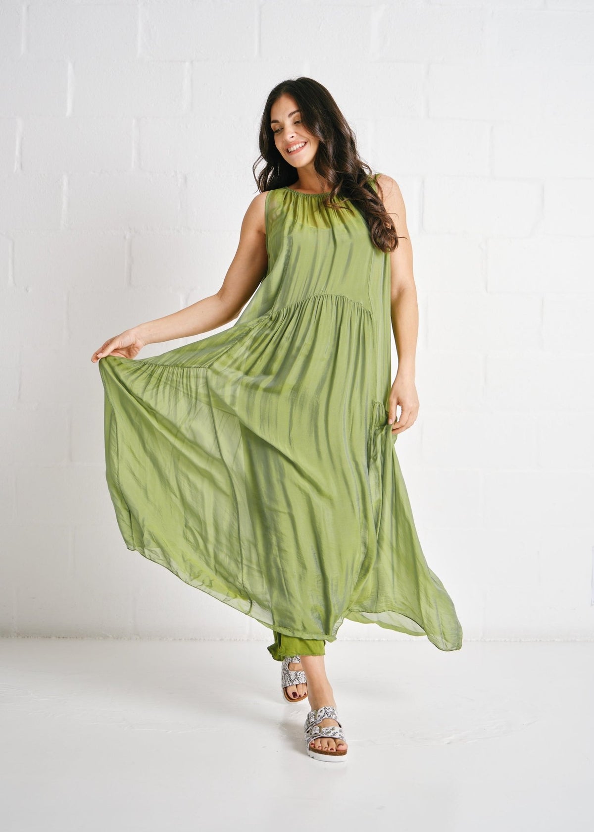 View our The Whisper Silk Tiered Maxi In Green - by Tribute Store