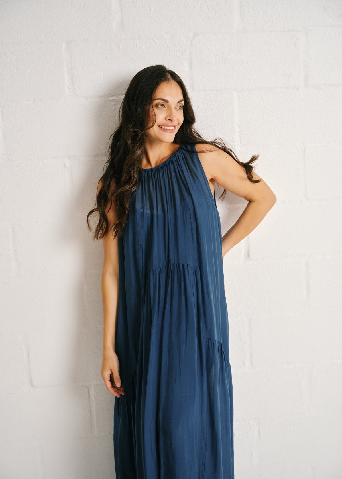 View our The Whisper Silk Tiered Maxi In Teal - by Tribute Store