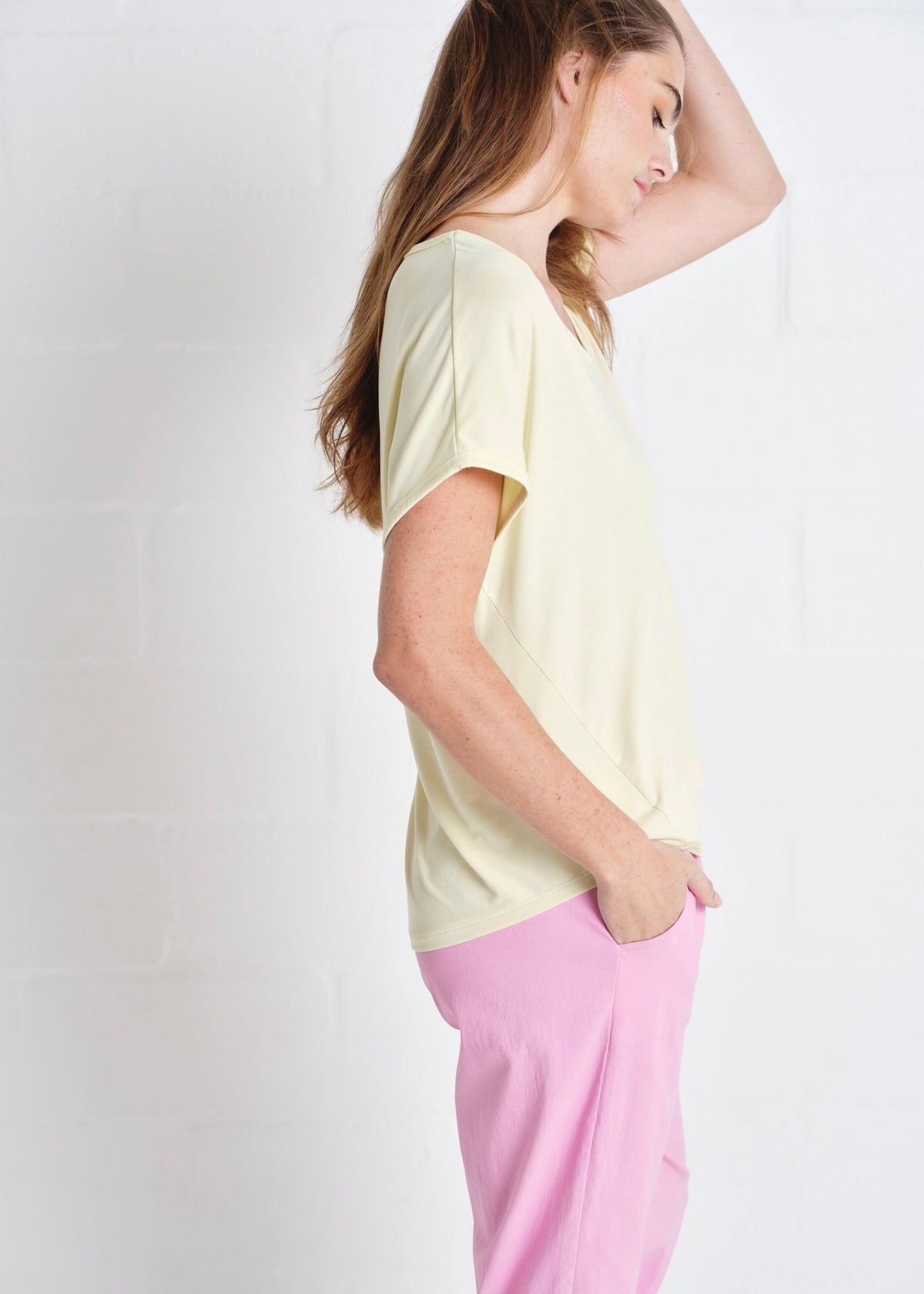 View our Thin V neck Tee In Butter Yellow - by Tribute Store