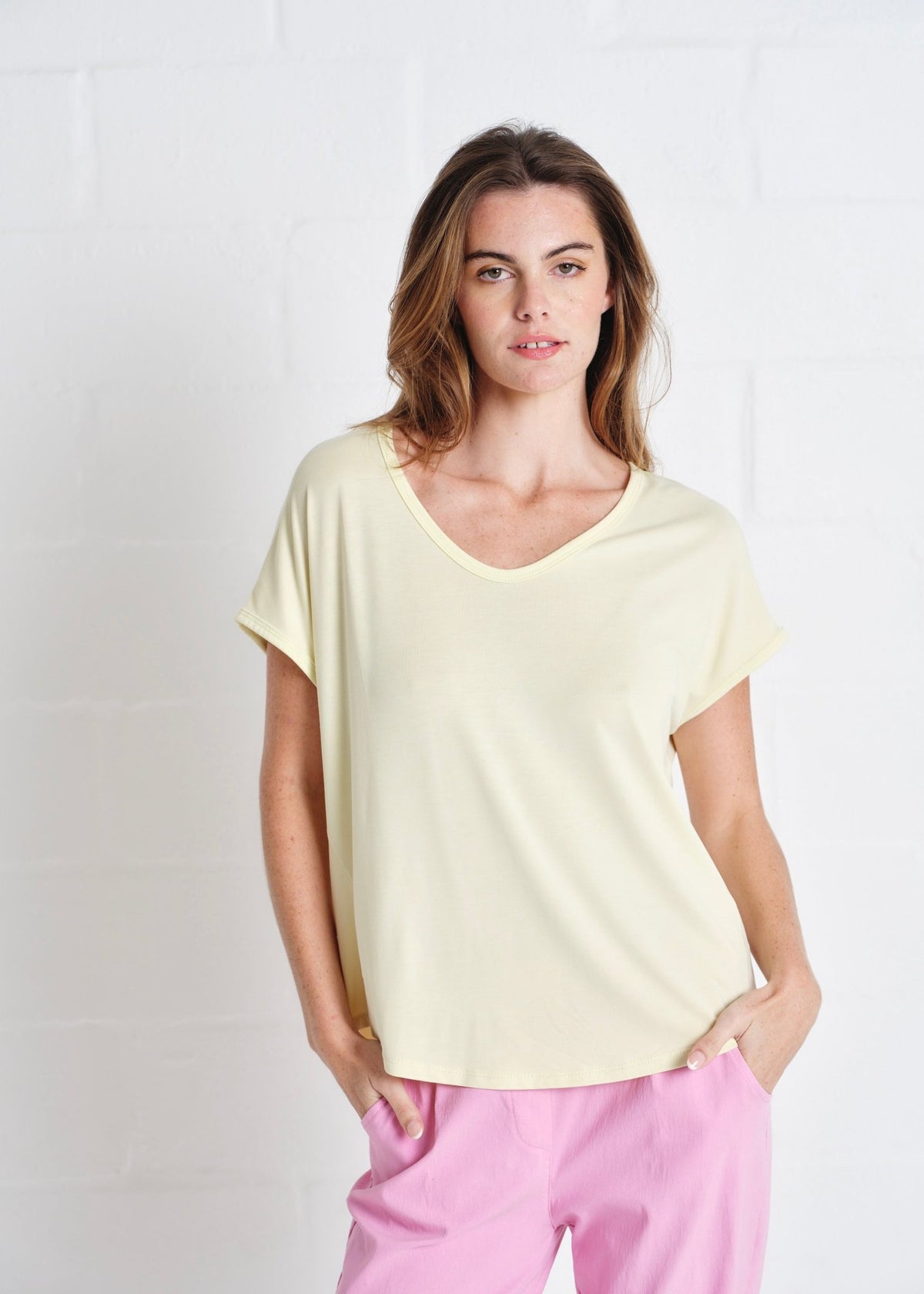 View our Thin V neck Tee In Butter Yellow - by Tribute Store