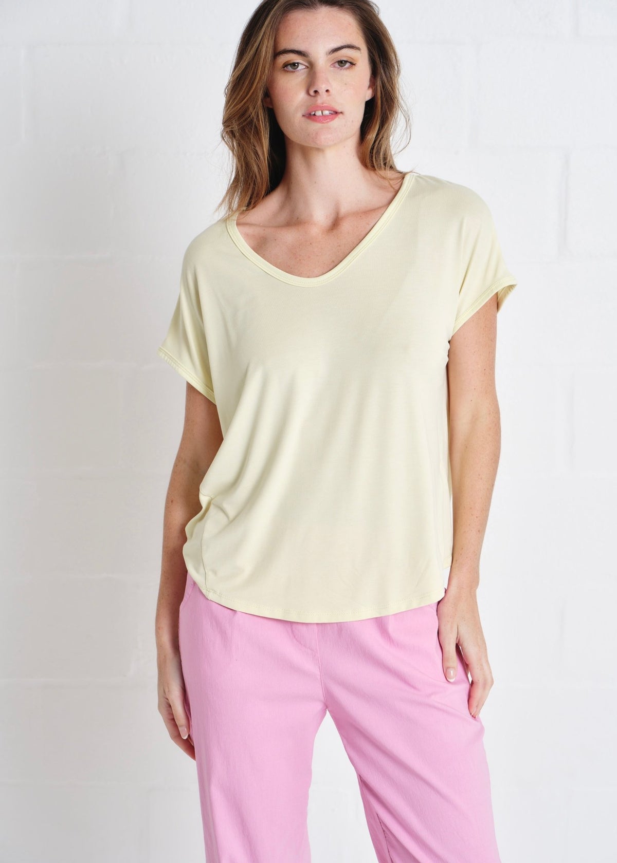 View our Thin V neck Tee In Butter Yellow - by Tribute Store