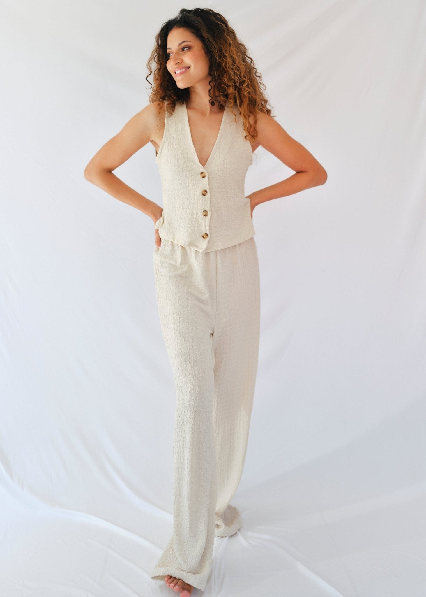 View our Tierra Italian Waistcoat and Palazzo Loungewear Set in Cream - by Tribute Store