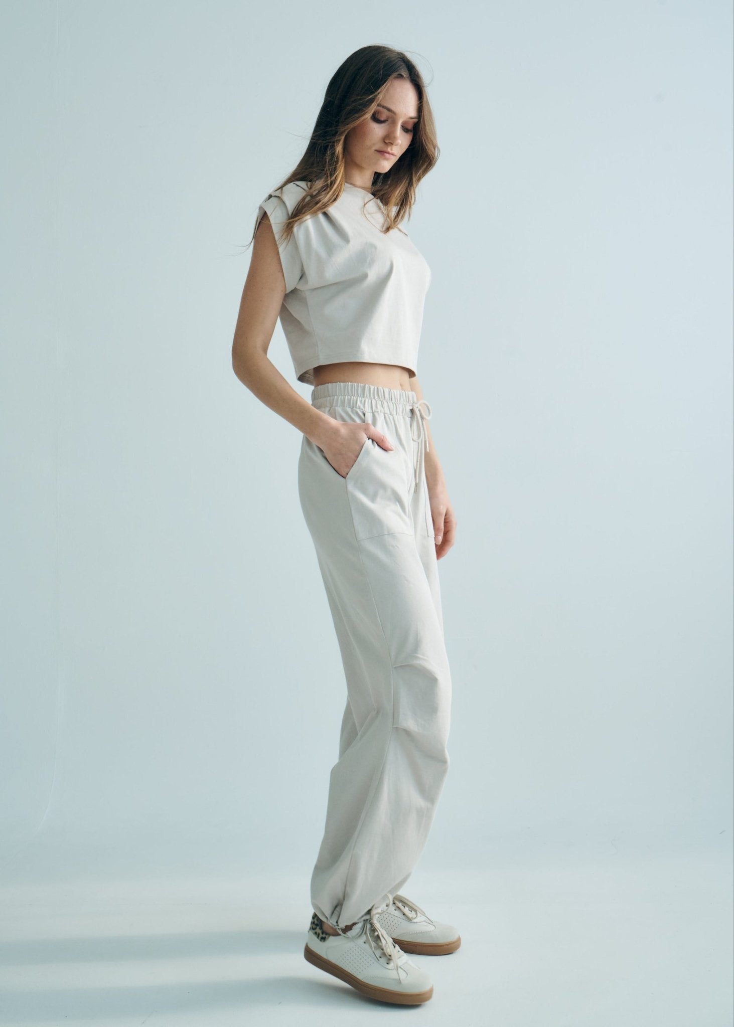 View our Tokyo Cotton Loungewear Set with Pleated Detail in Beige - by Tribute Store