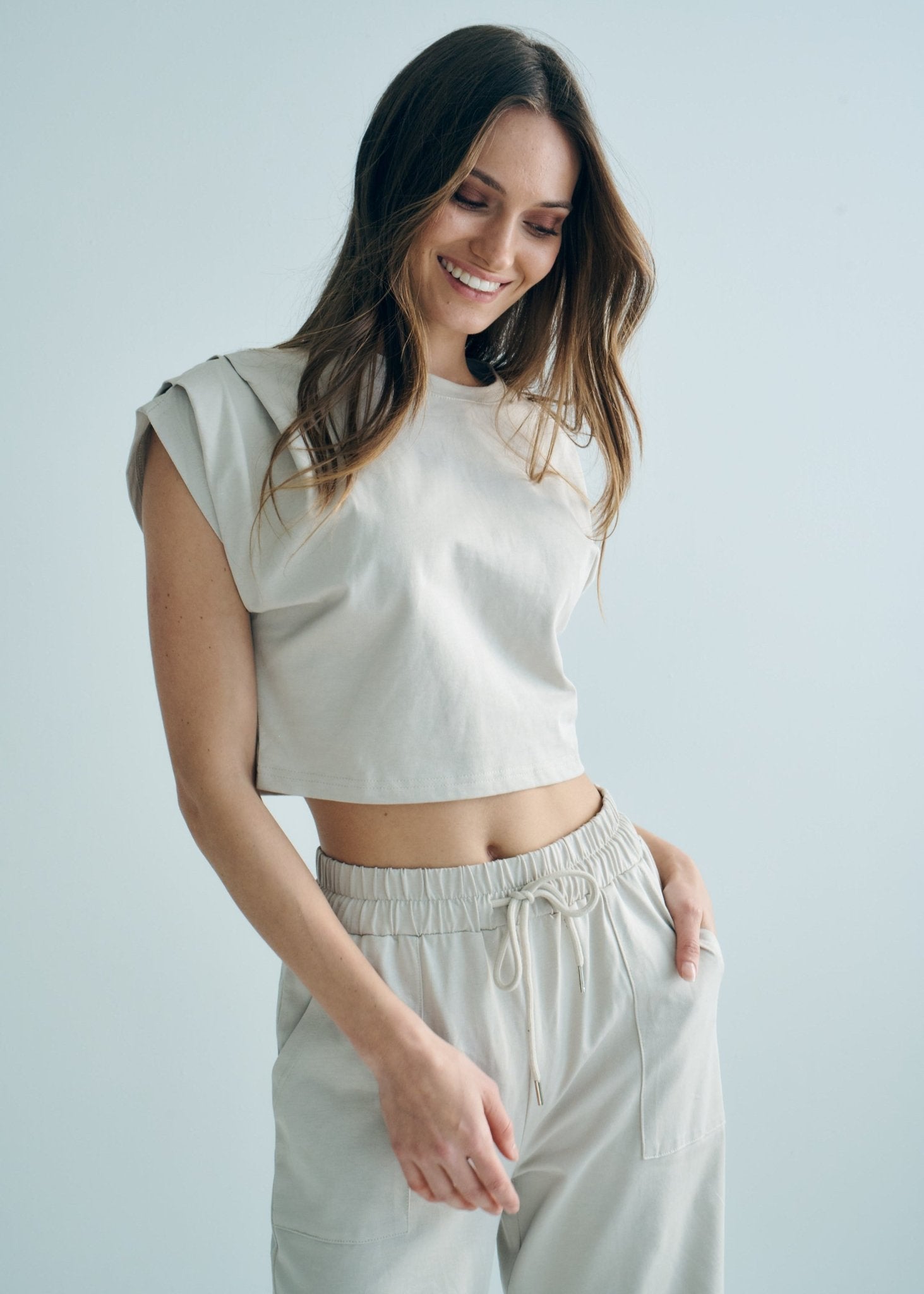 View our Tokyo Cotton Loungewear Set with Pleated Detail in Beige - by Tribute Store