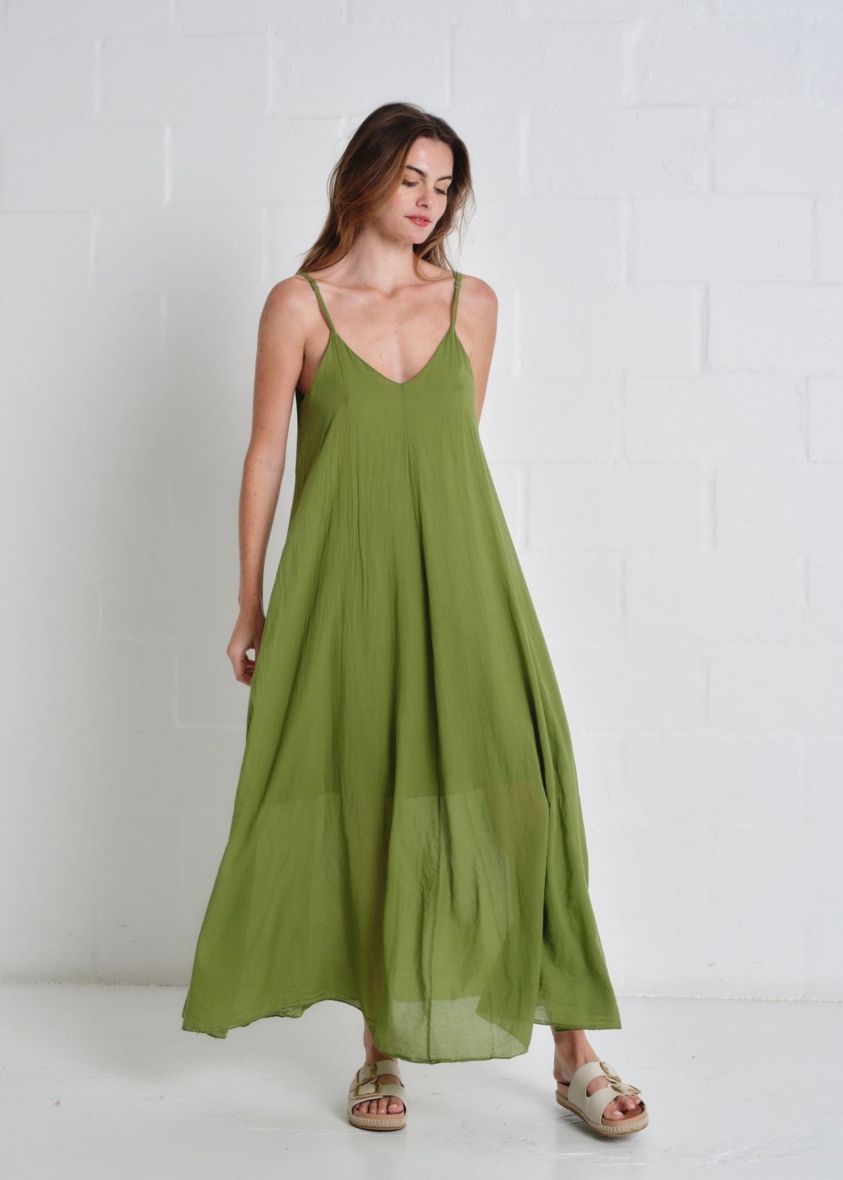 View our Tulum Strappy Cotton Maxi Dress In Olive - by Tribute Store