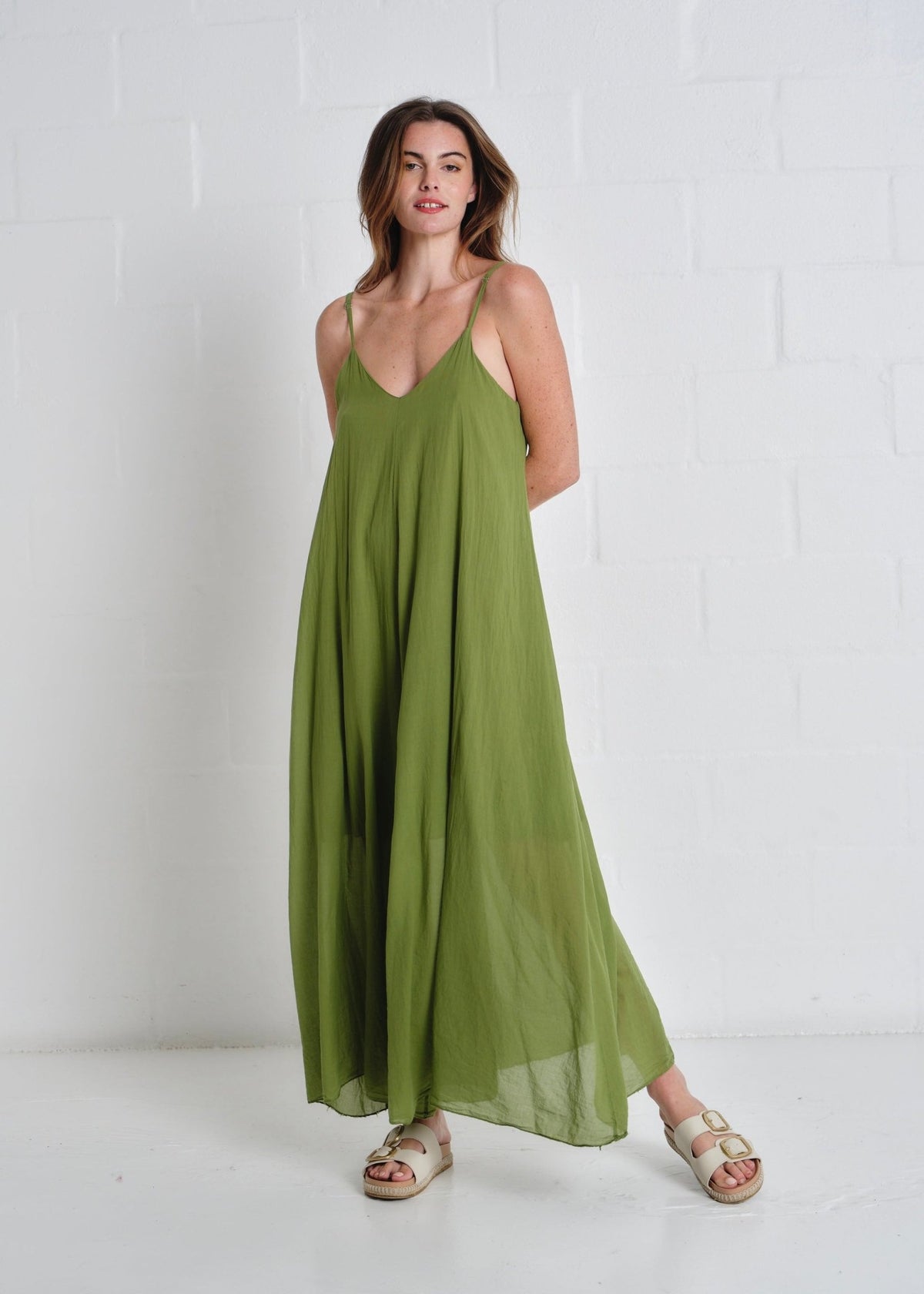 View our Tulum Strappy Cotton Maxi Dress In Olive - by Tribute Store
