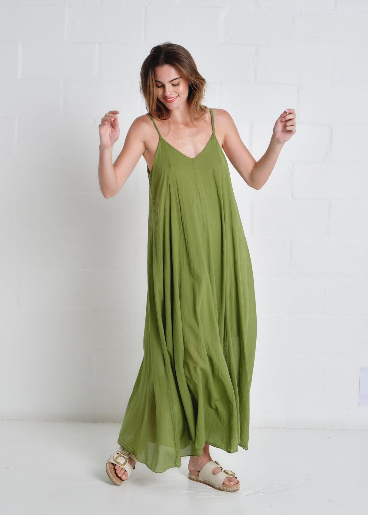 View our Tulum Strappy Cotton Maxi Dress In Olive - by Tribute Store