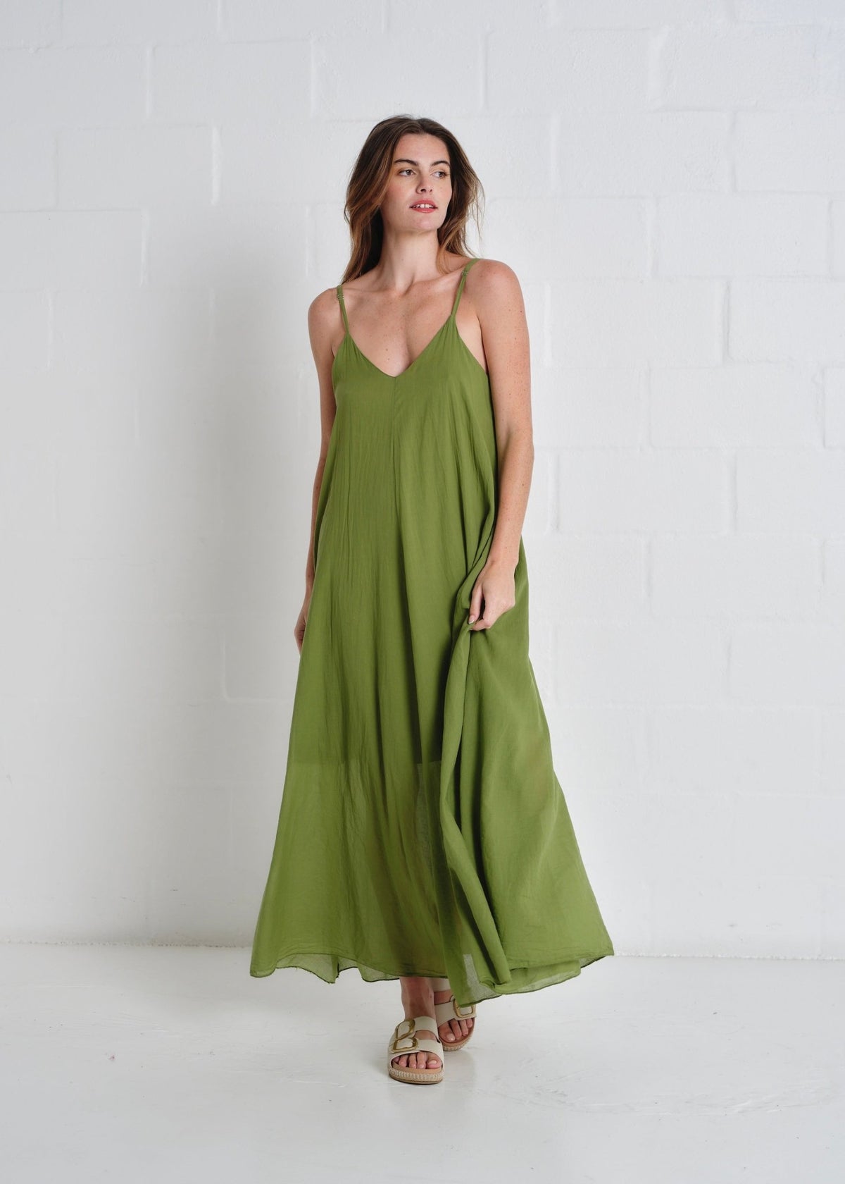 View our Tulum Strappy Cotton Maxi Dress In Olive - by Tribute Store