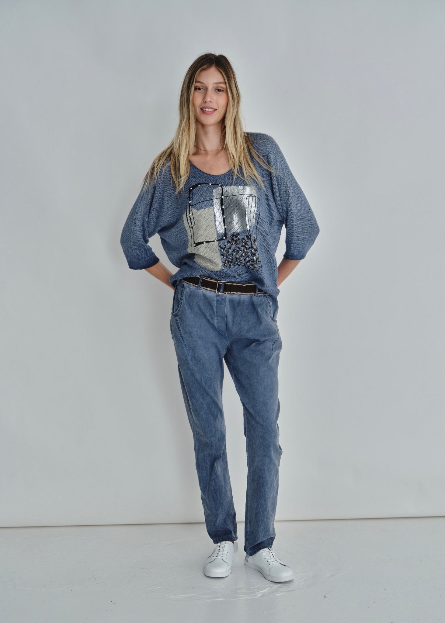 View our V-neck Knit Print In Denim - by Tribute Store