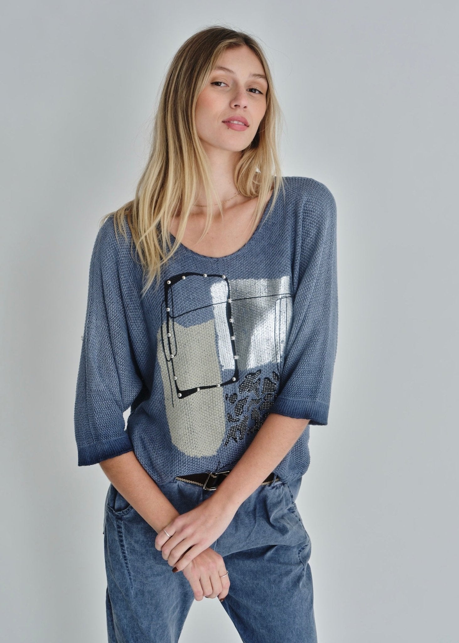 View our V-neck Knit Print In Denim - by Tribute Store