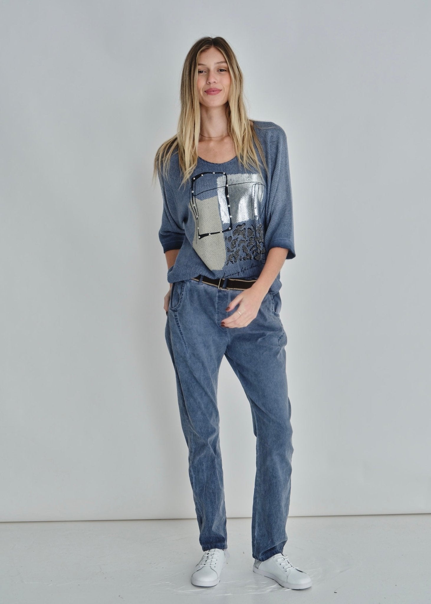 View our V-neck Knit Print In Denim - by Tribute Store