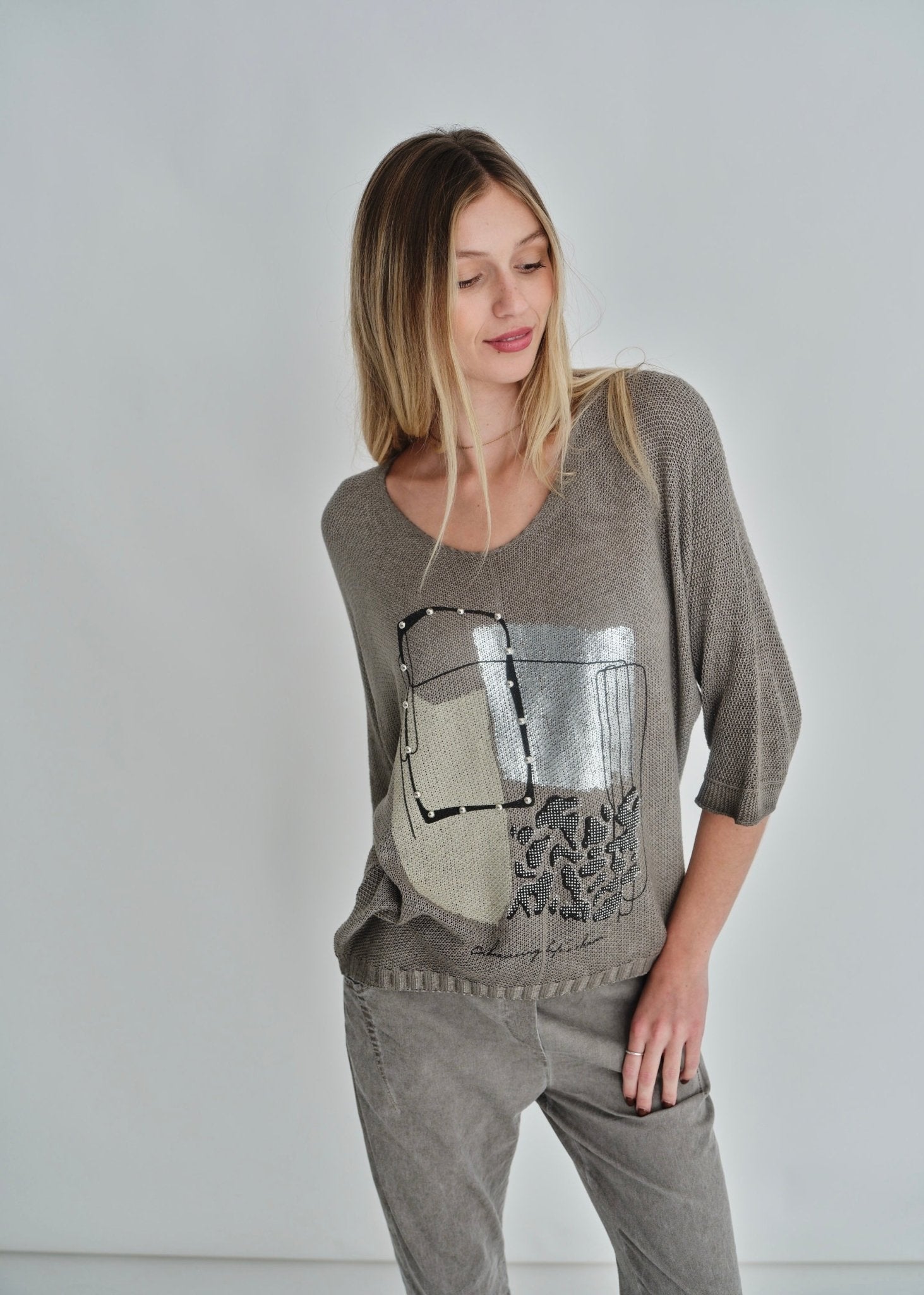 View our V-neck Knit Print In Taupe - by Tribute Store