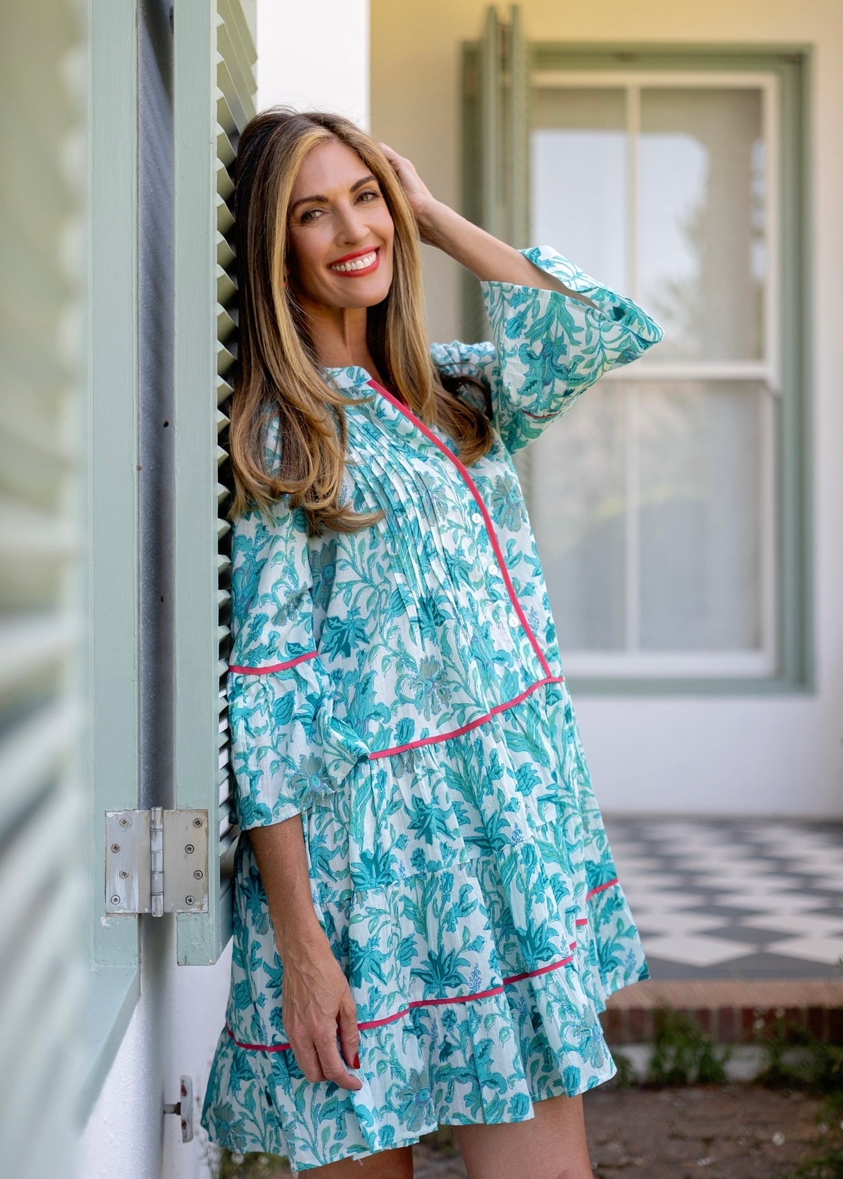 View our Valentina Dress With Leaf Print In Turquoise - by Tribute Store
