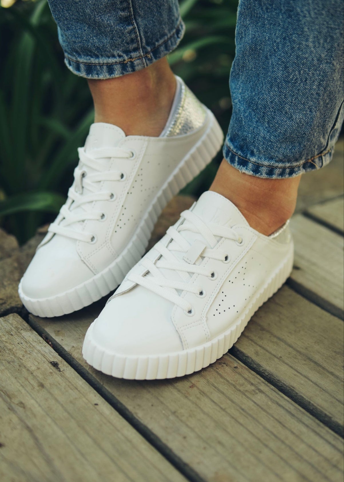 View our Valentina Leather Sneaker With Silver Specs in White - by Tribute Store