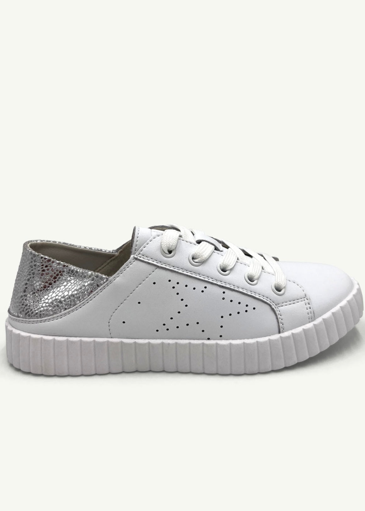View our Valentina Leather Sneaker With Silver Specs in White - by Tribute Store