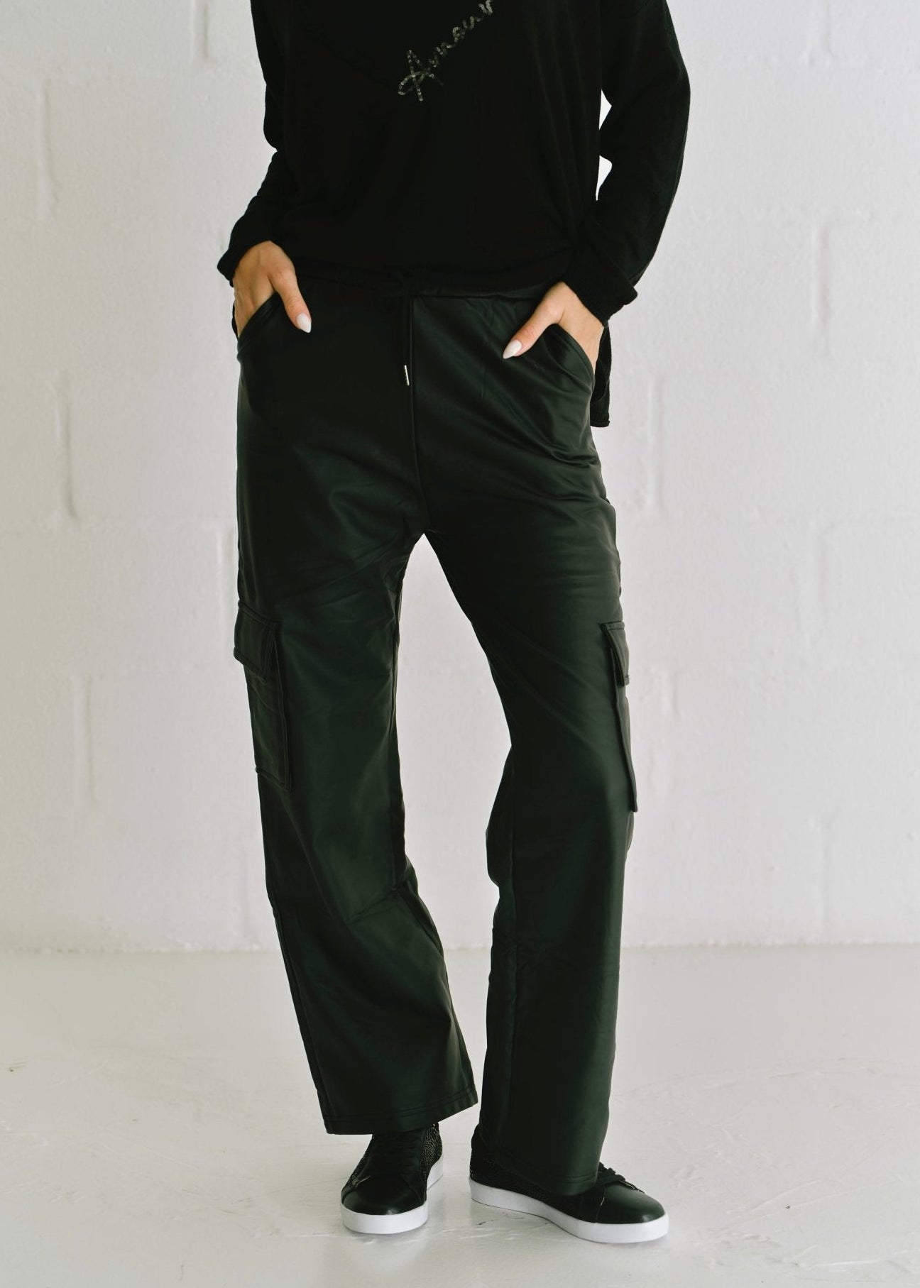 View our Vegan Leather Cargo Palazzo Pants in Black - by Tribute Store