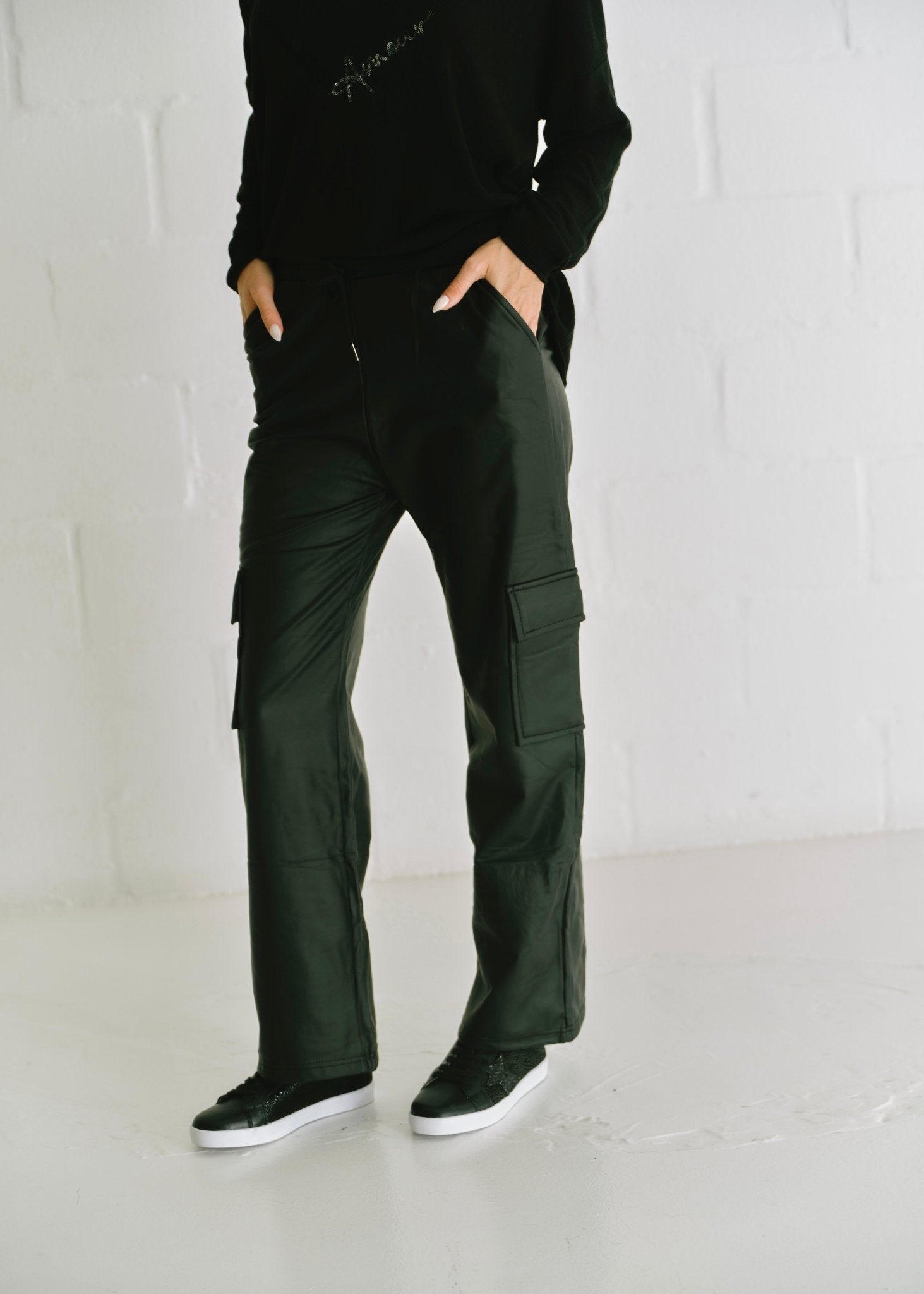 View our Vegan Leather Cargo Palazzo Pants in Black - by Tribute Store