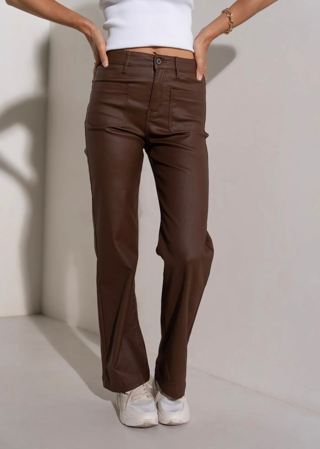 View our Vegan Leather Straight Leg Trousers in Chocolate - by Tribute Store