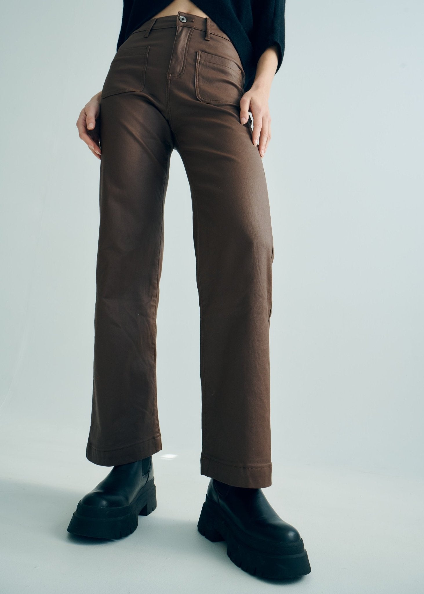 View our Vegan Leather Straight Leg Trousers in Chocolate - by Tribute Store