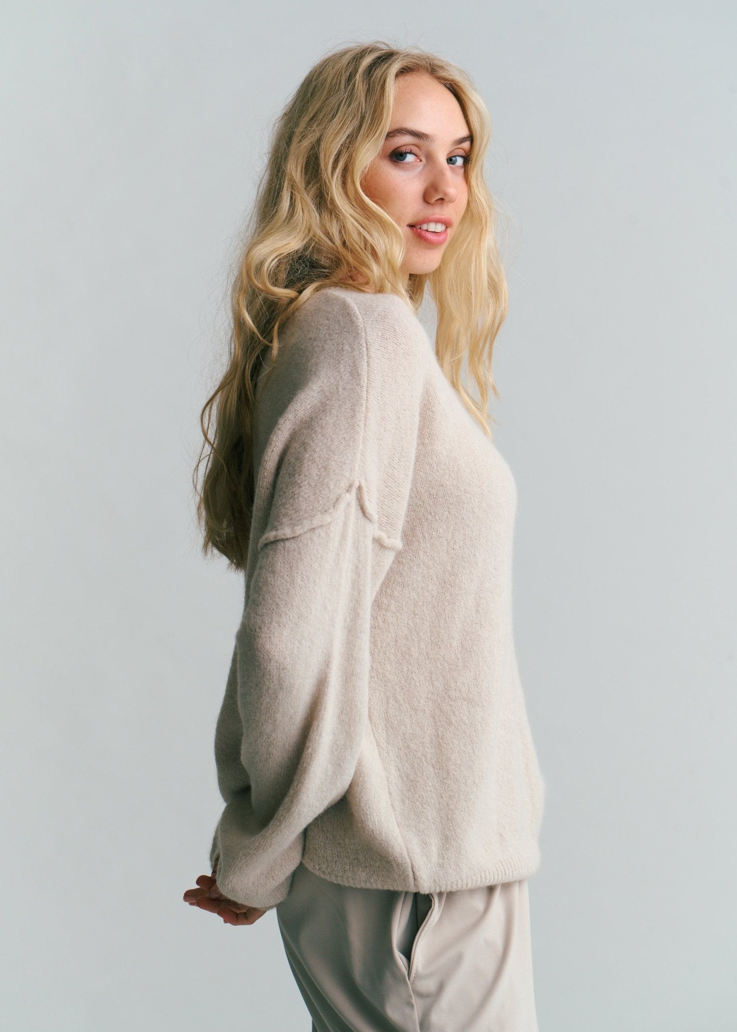 View our Ventura Oversized Crew Neck Knit In Taupe - by Tribute Store