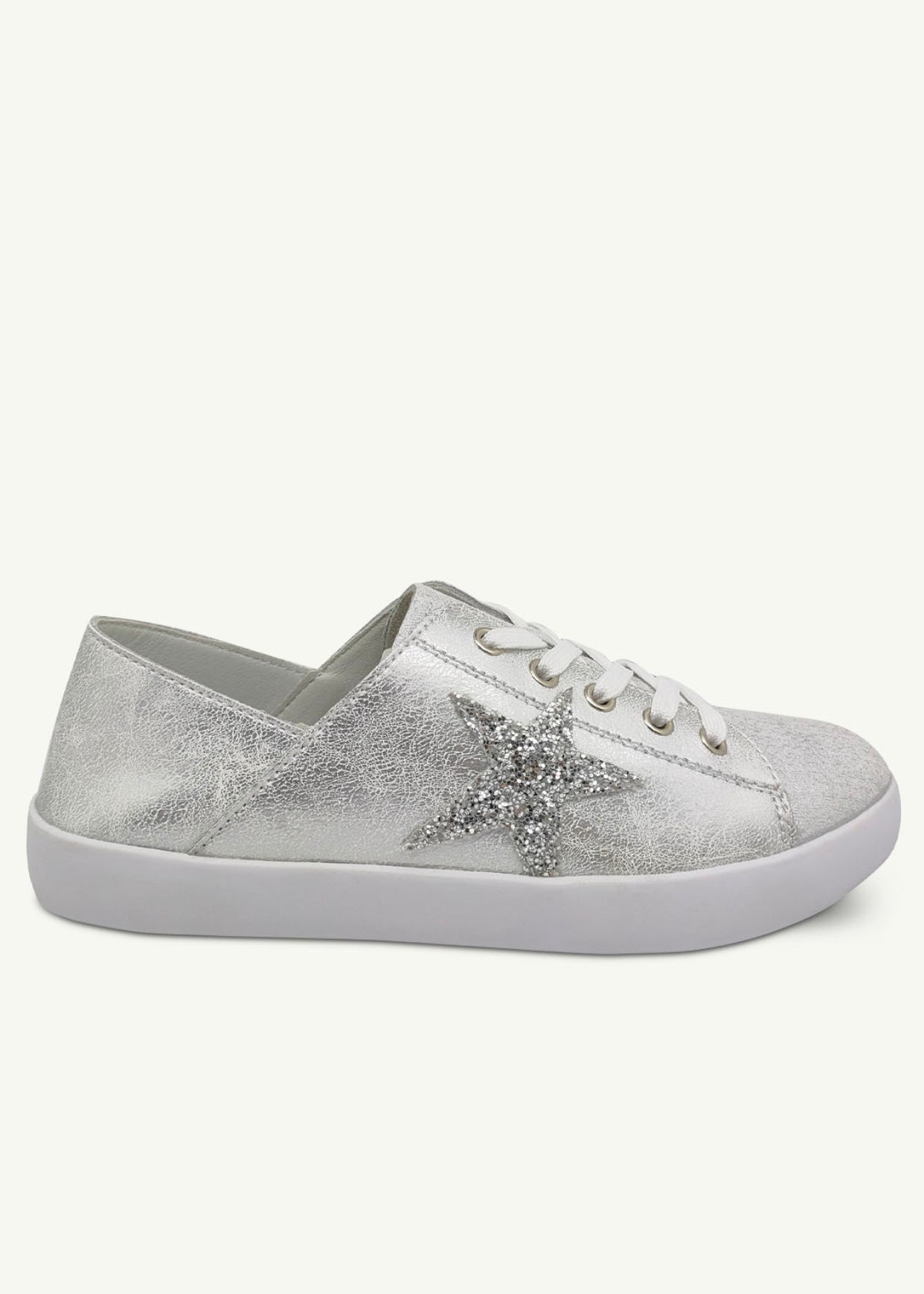 View our Vicki Leather Sneaker In Frosted Silver With Glitter Star - by Tribute Store