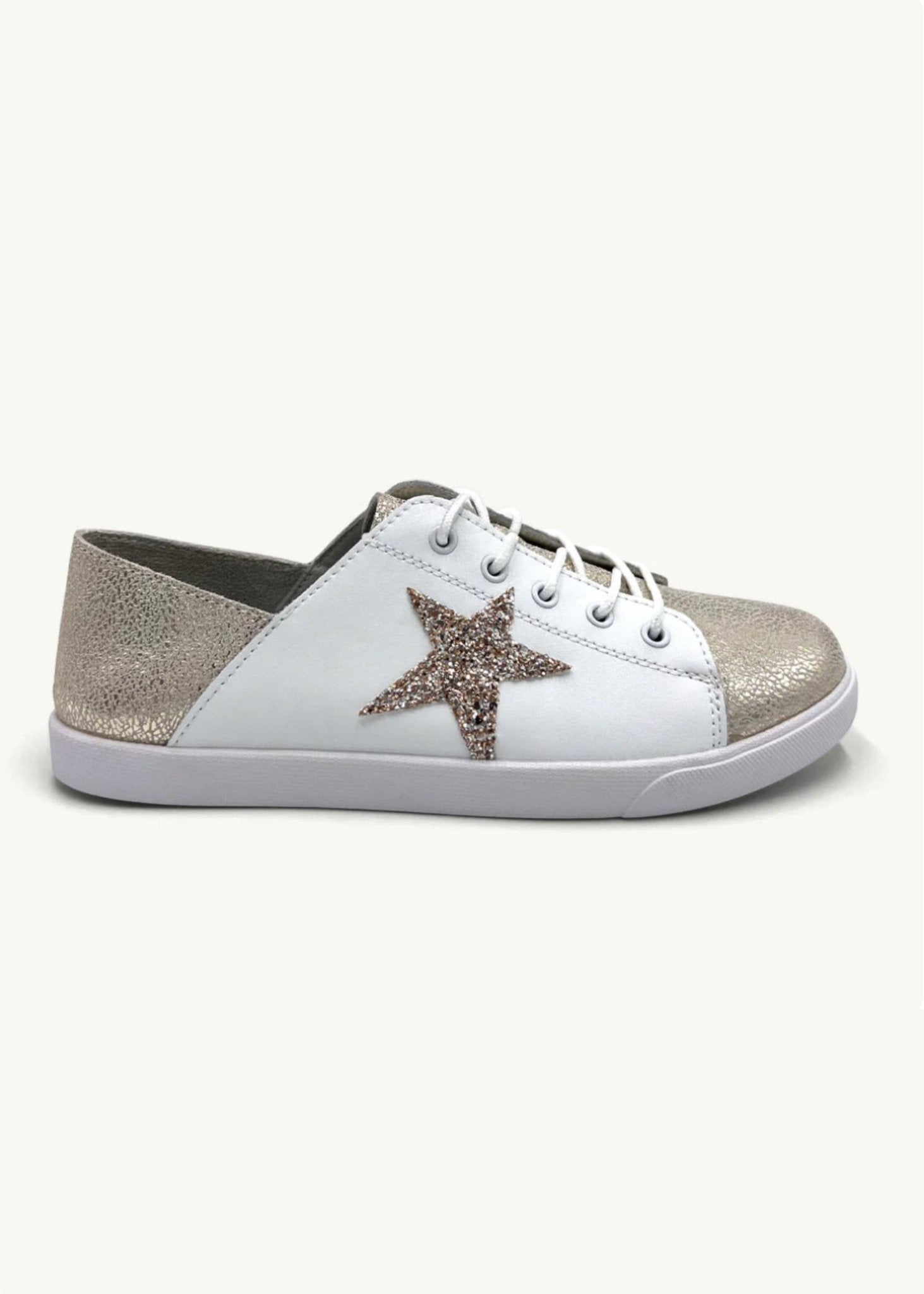 View our Vicki Leather Sneaker in White with Gold Glitter Star - by Tribute Store