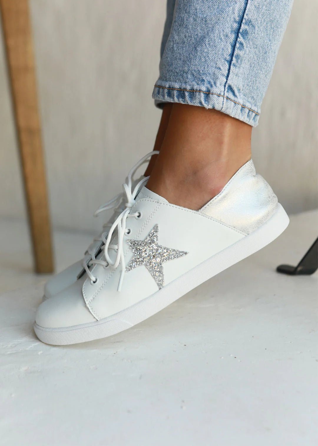 View our Vicki Leather Sneaker in White with Silver Glitter Star - by Tribute Store