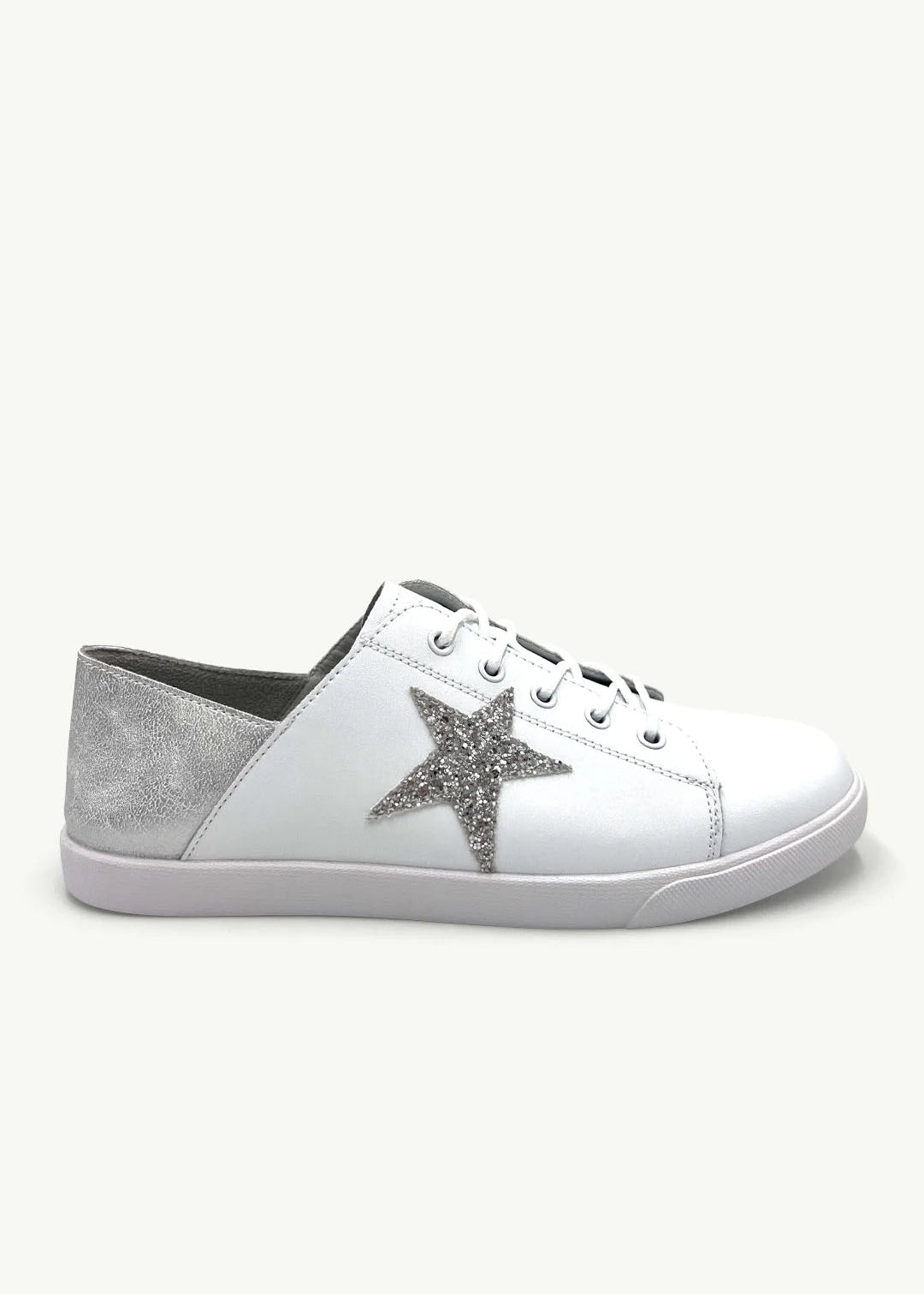 View our Vicki Leather Sneaker in White with Silver Glitter Star - by Tribute Store