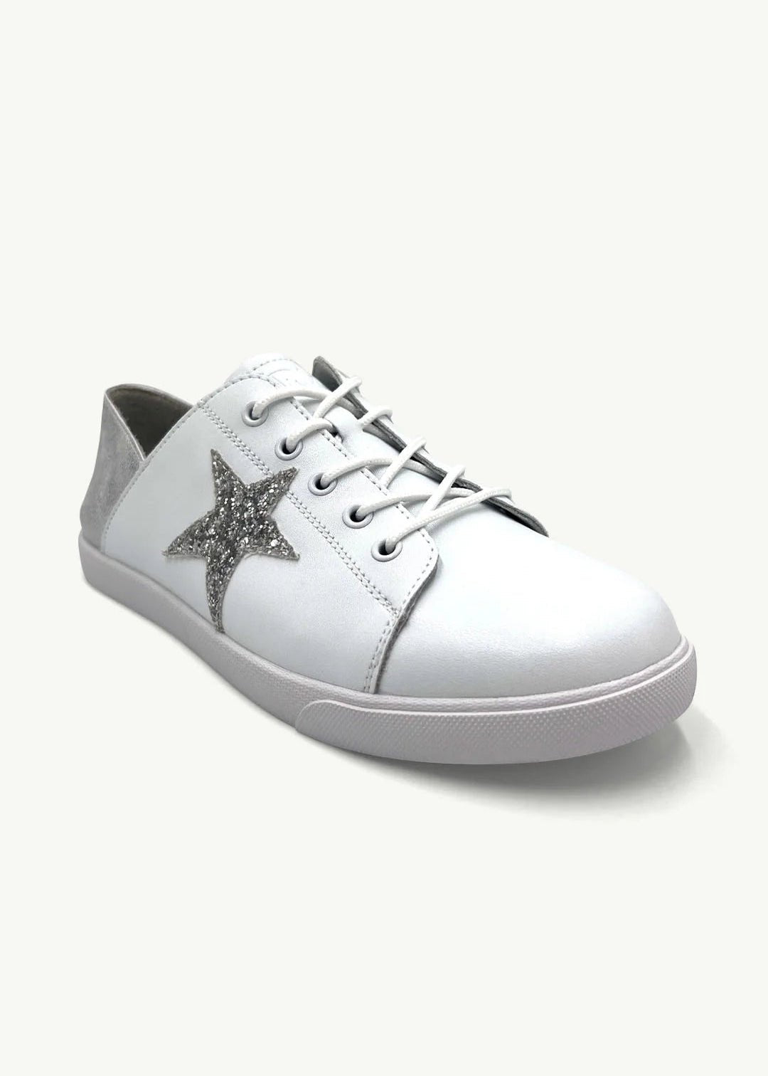 View our Vicki Leather Sneaker in White with Silver Glitter Star - by Tribute Store