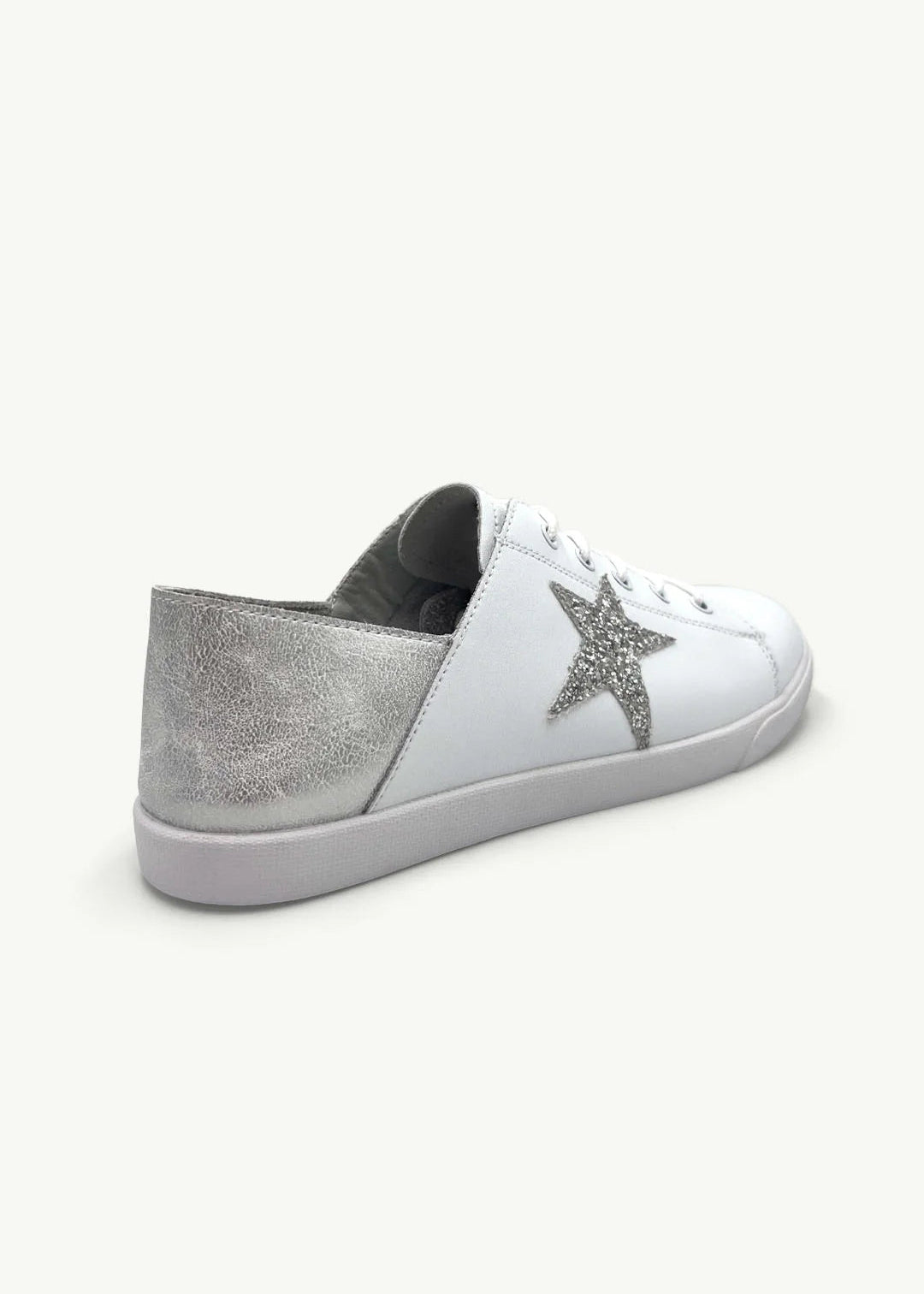 View our Vicki Leather Sneaker in White with Silver Glitter Star - by Tribute Store