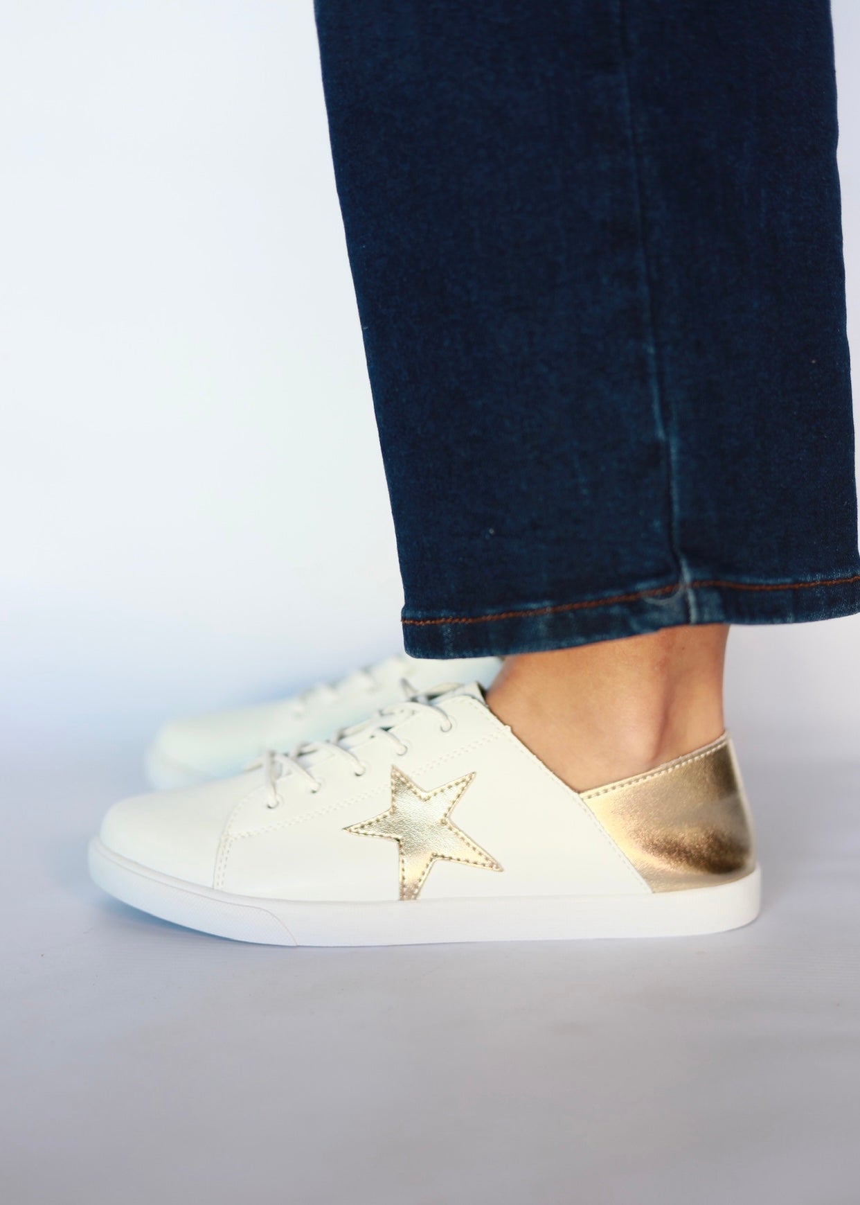 View our Vicki Leather Sneaker With Gold Star in White - by Tribute Store