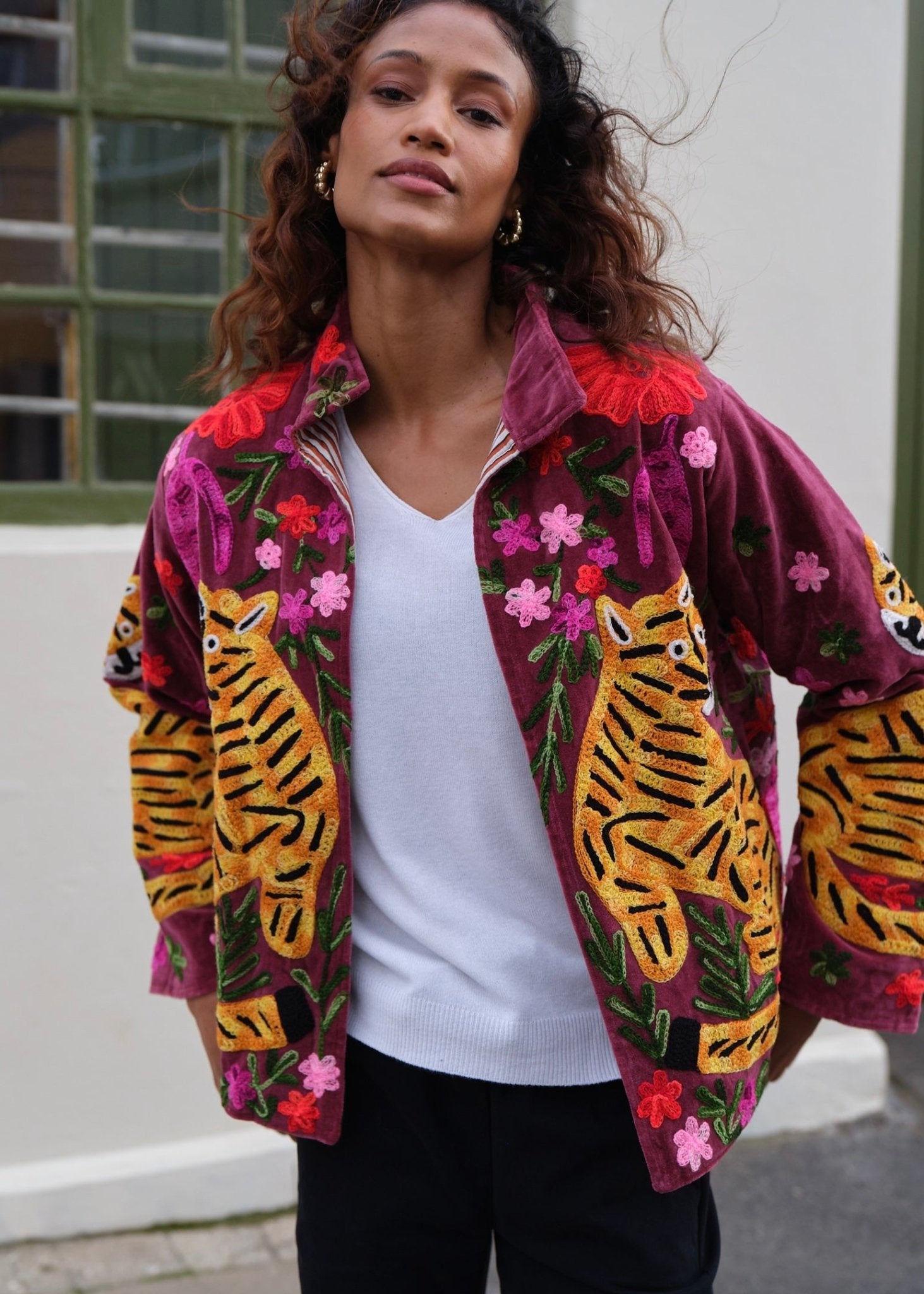 View our Wild Bloom Tiger Embroidered Velvet Jacket In Berry - by Tribute Store