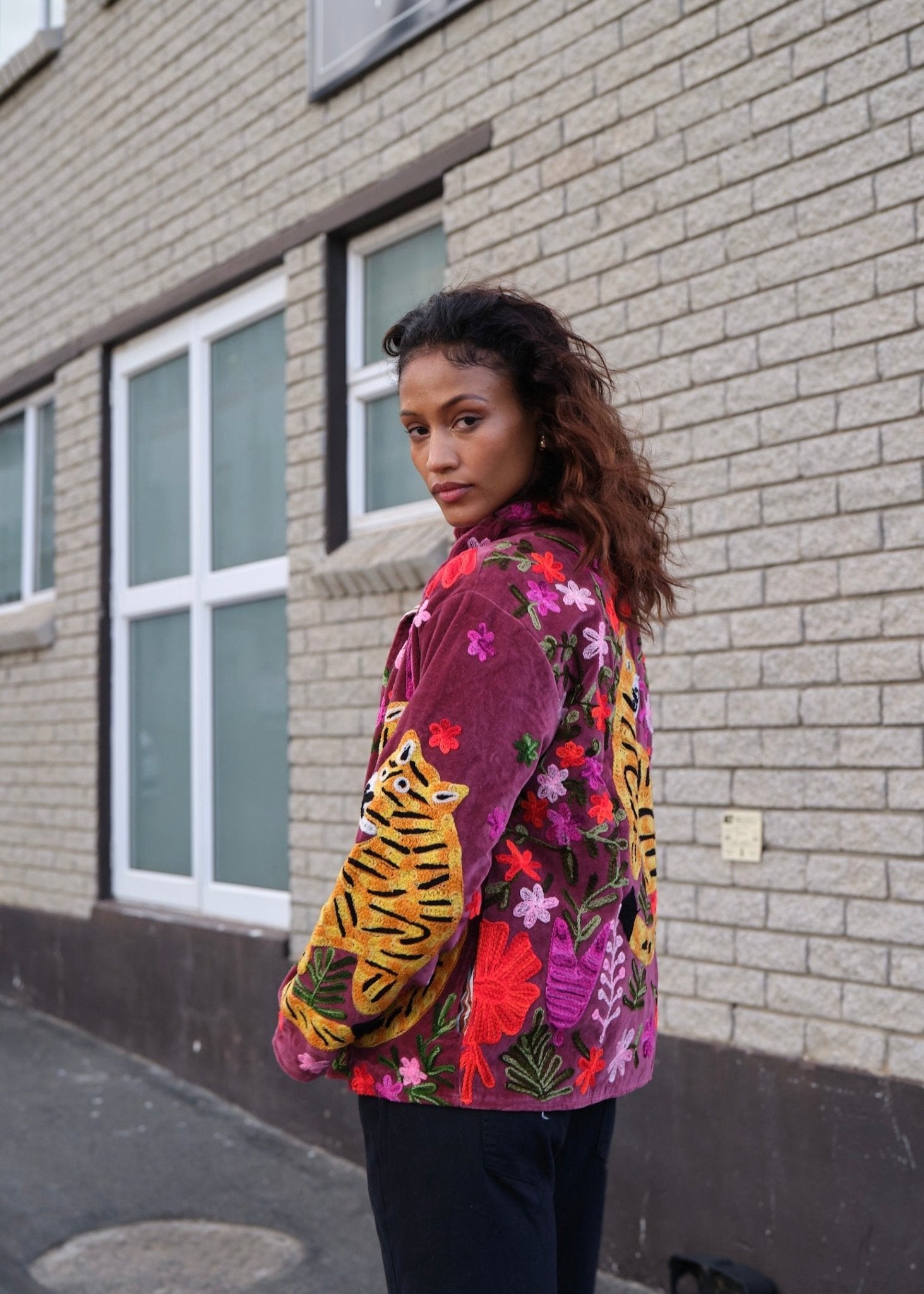 View our Wild Bloom Tiger Embroidered Velvet Jacket In Berry - by Tribute Store