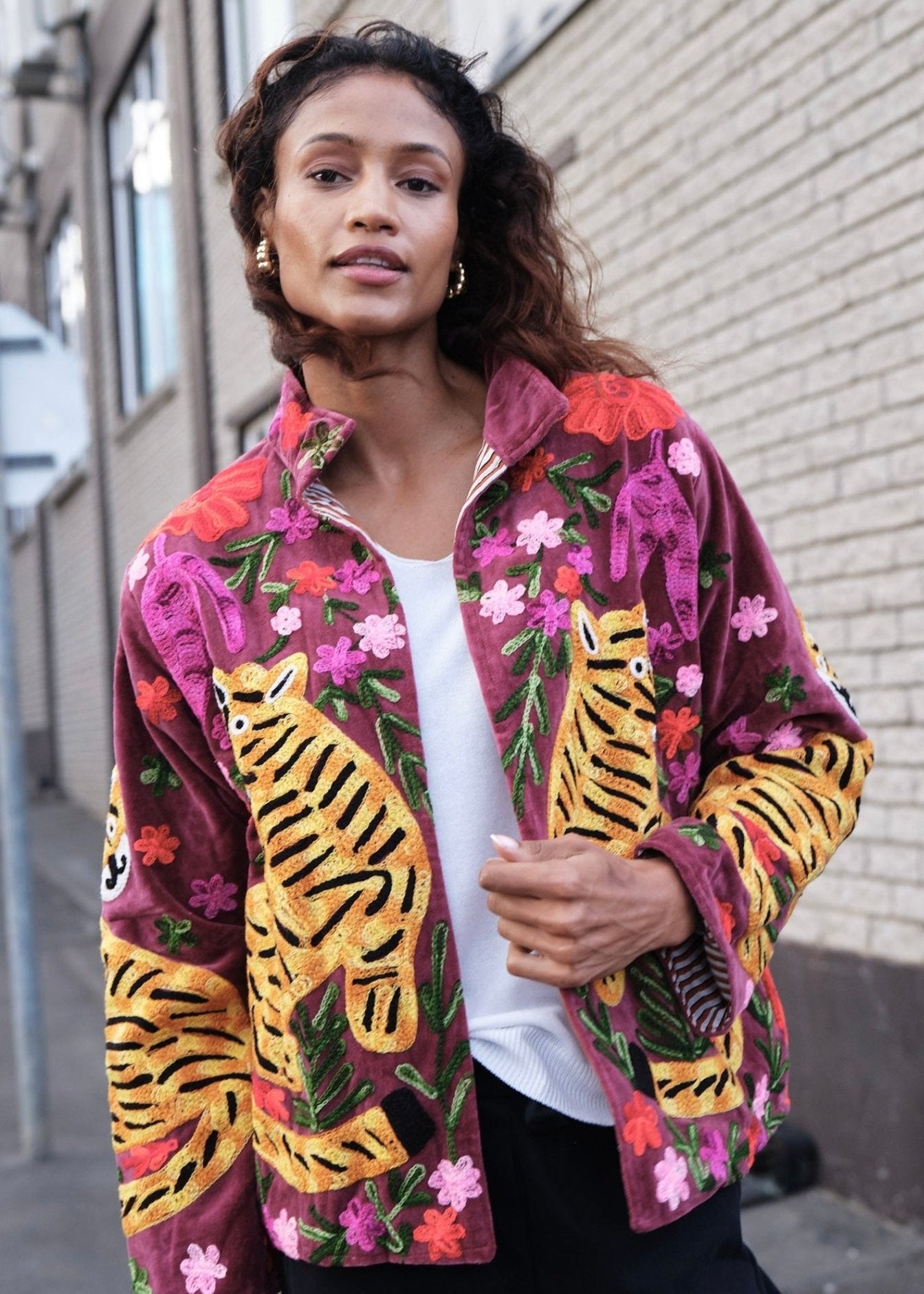 View our Wild Bloom Tiger Embroidered Velvet Jacket In Berry - by Tribute Store