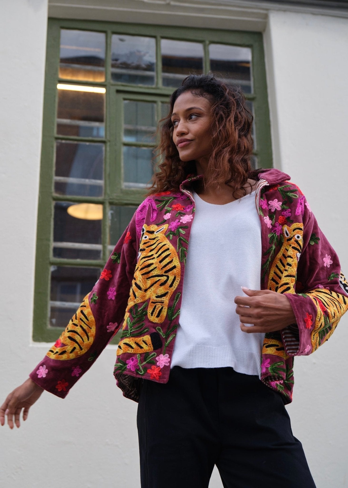 View our Wild Bloom Tiger Embroidered Velvet Jacket In Berry - by Tribute Store