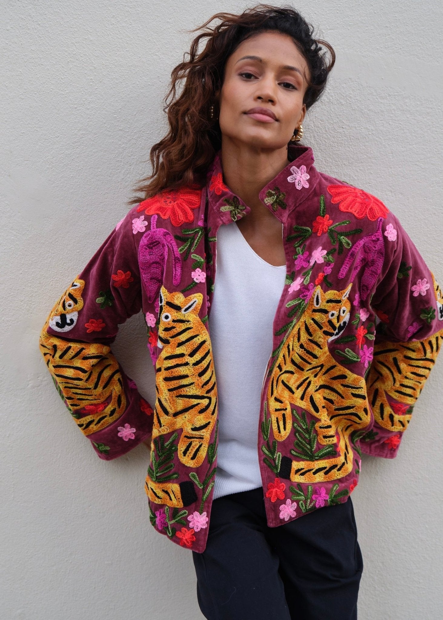 View our Wild Bloom Tiger Embroidered Velvet Jacket In Berry - by Tribute Store