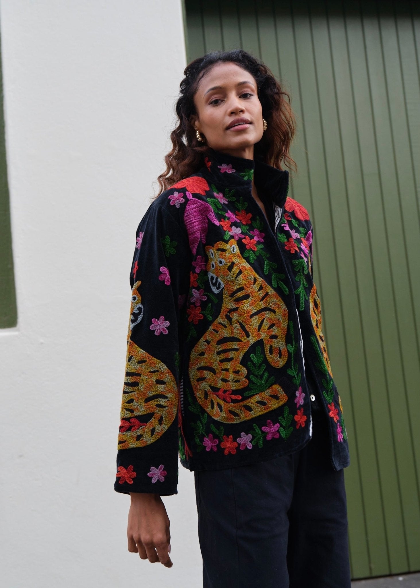 View our Wild Bloom Tiger Embroidered Velvet Jacket In Black - by Tribute Store