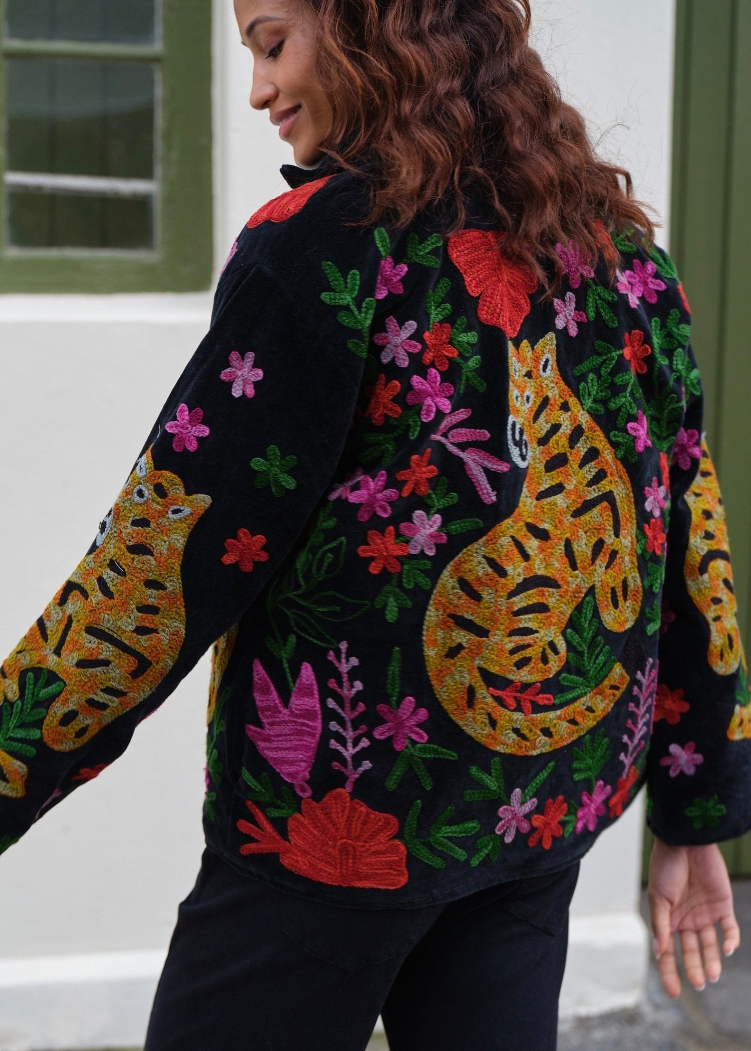 View our Wild Bloom Tiger Embroidered Velvet Jacket In Black - by Tribute Store