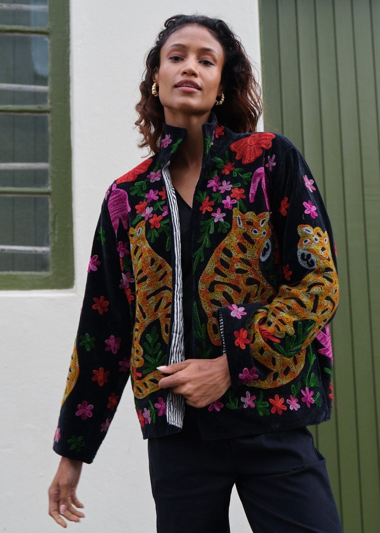 View our Wild Bloom Tiger Embroidered Velvet Jacket In Black - by Tribute Store