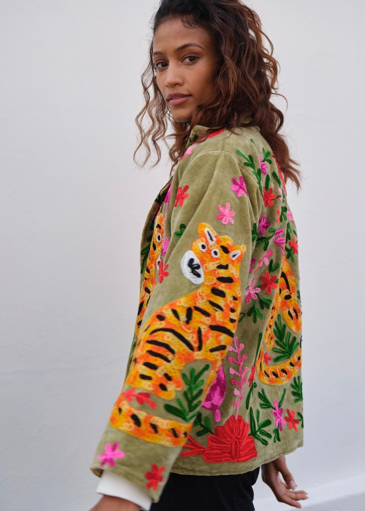 View our Wild Bloom Tiger Embroidered Velvet Jacket In Olive - by Tribute Store