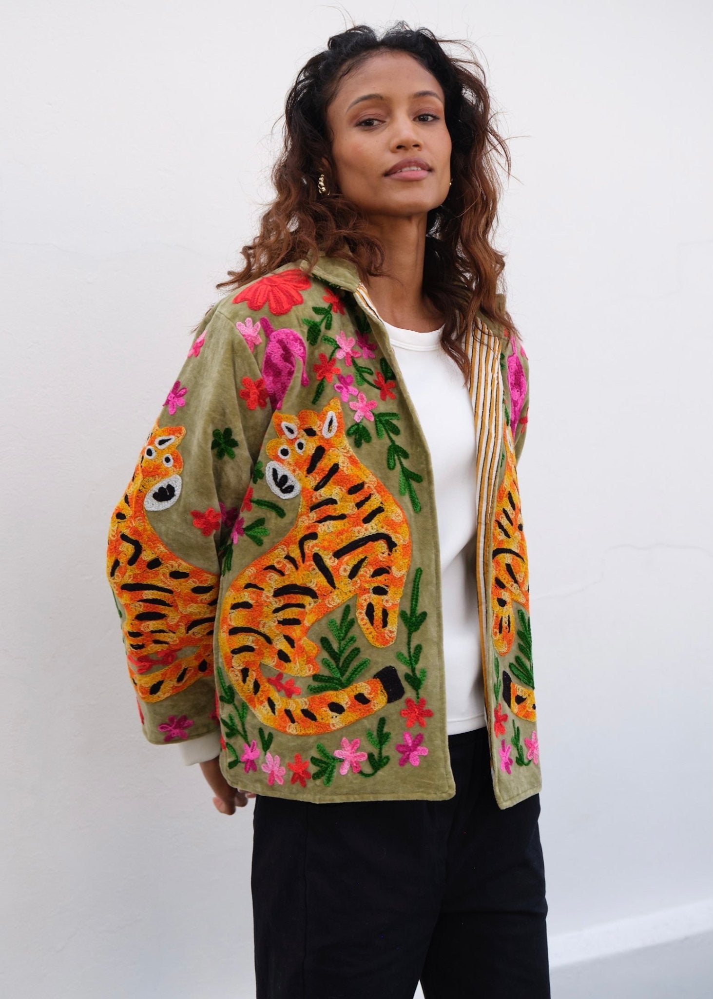 View our Wild Bloom Tiger Embroidered Velvet Jacket In Olive - by Tribute Store