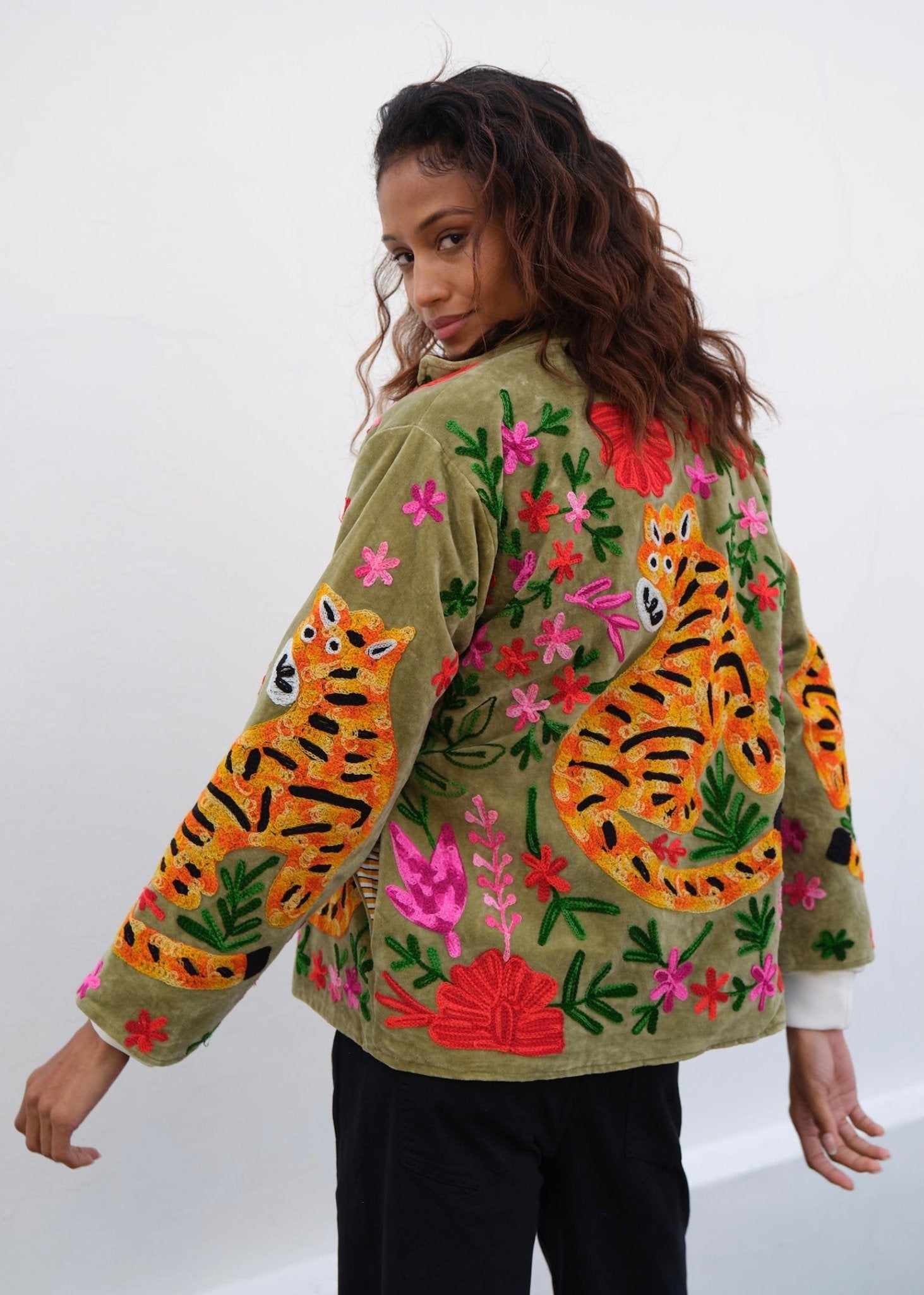 View our Wild Bloom Tiger Embroidered Velvet Jacket In Olive - by Tribute Store