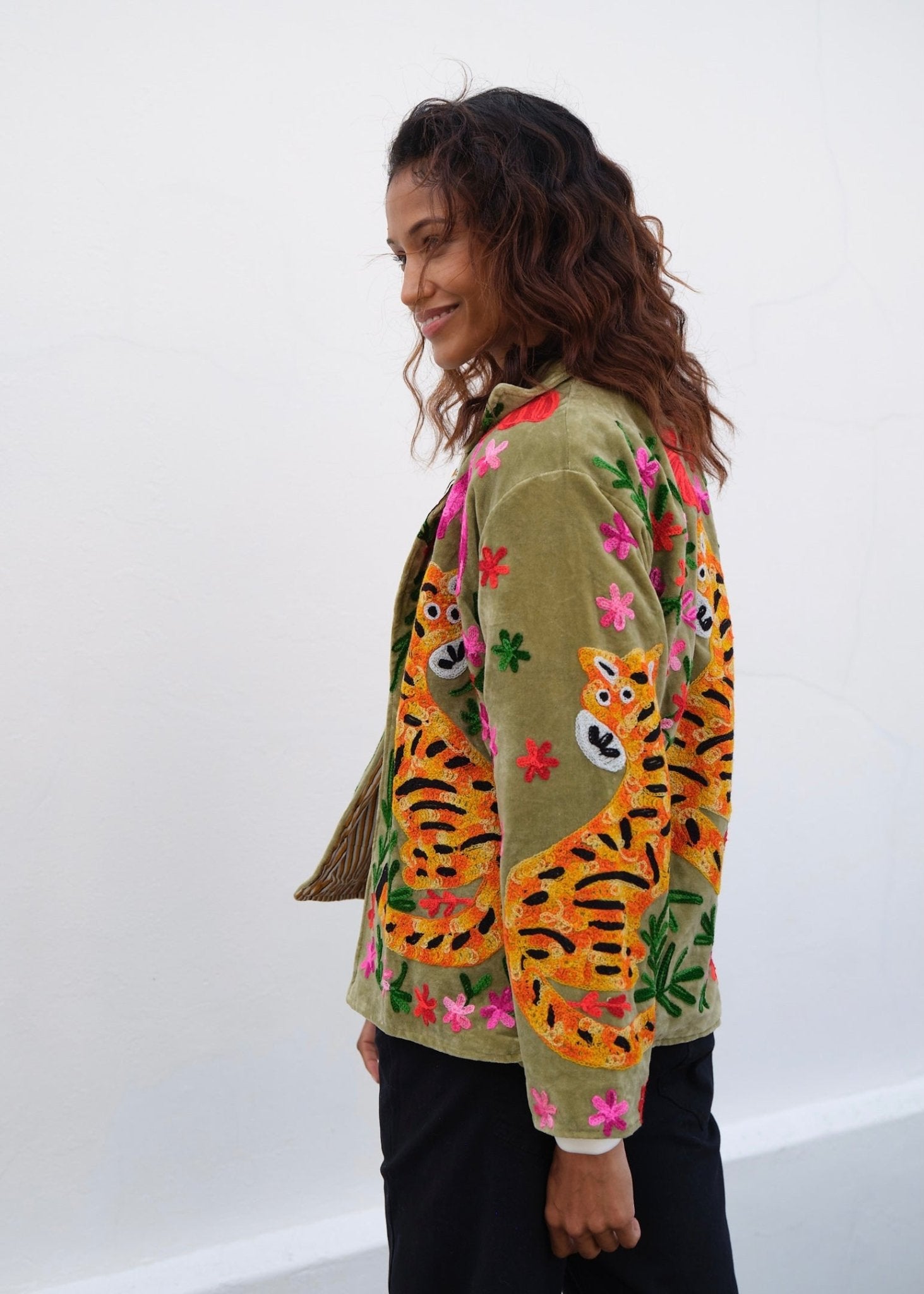 View our Wild Bloom Tiger Embroidered Velvet Jacket In Olive - by Tribute Store