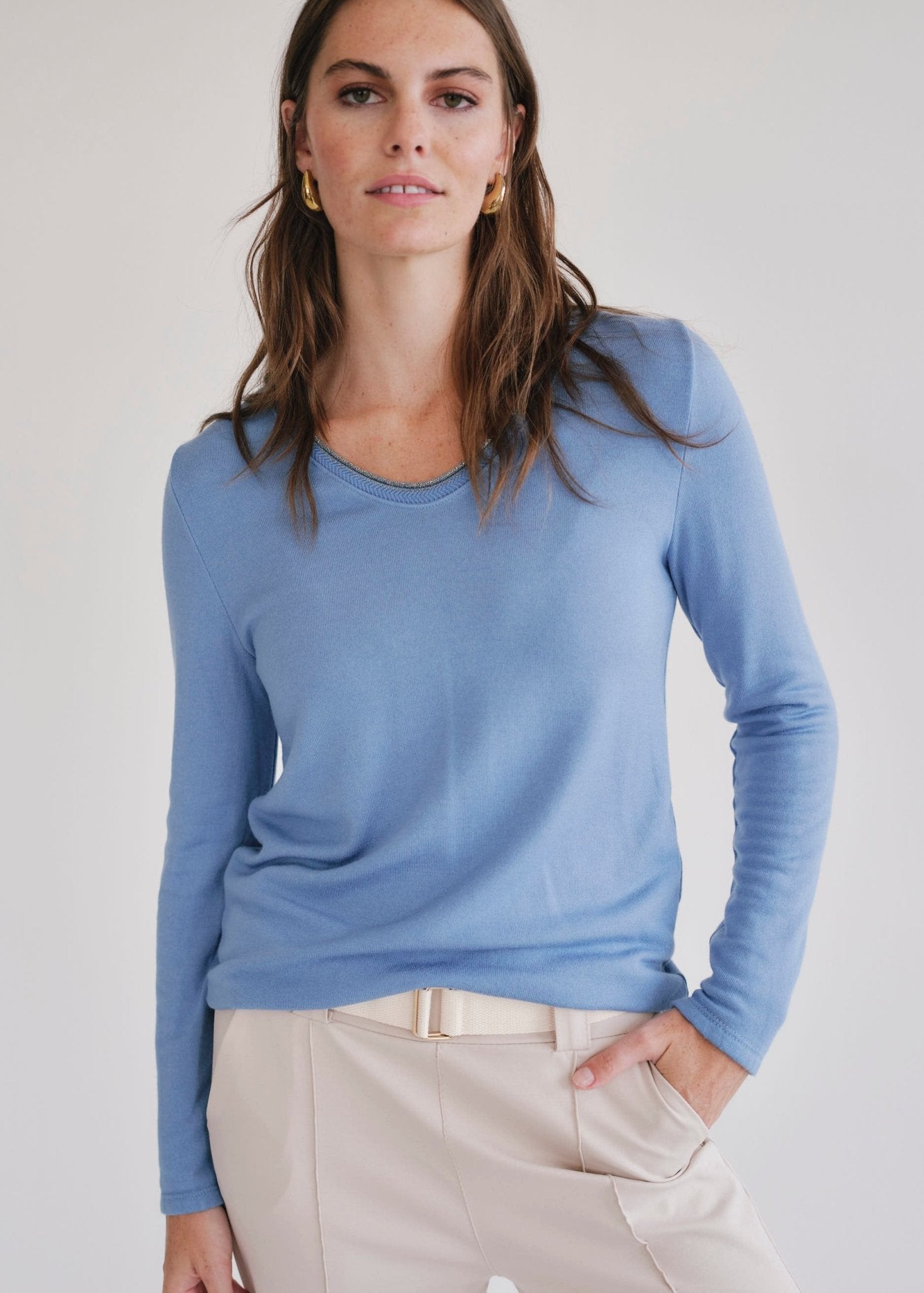 View our Winter V Neck with Gold Trim in Blue - by Tribute Store