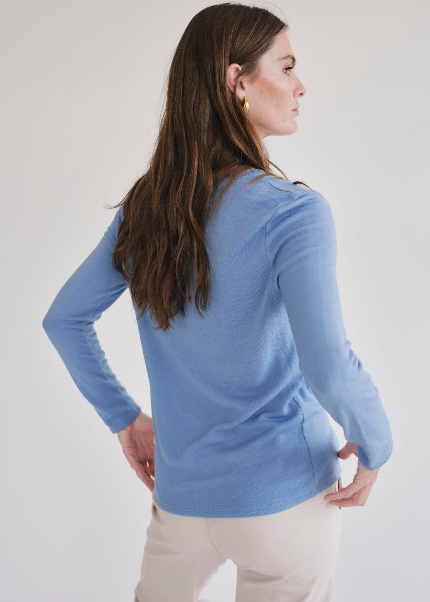 View our Winter V Neck with Gold Trim in Blue - by Tribute Store