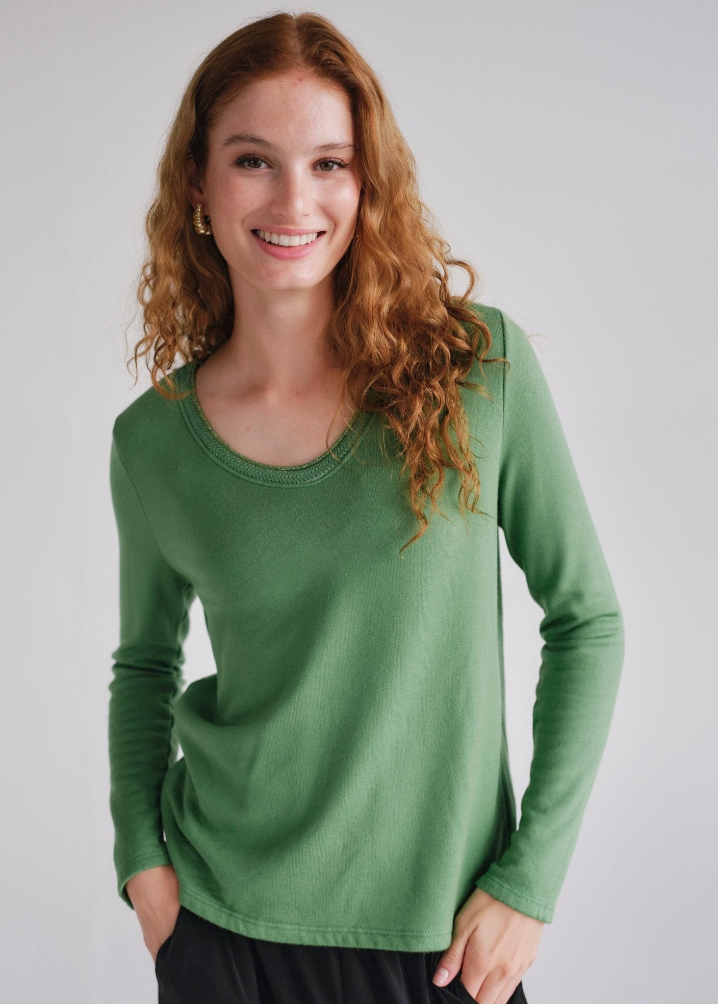 View our Winter V Neck with Gold Trim in Green - by Tribute Store